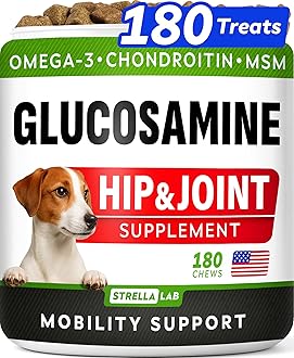Glucosamine Treats for Dogs - Joint Supplement w/Omega-3 Fish Oil - Chondroitin, MSM - Advanced Mobility Chews - Joint Pain Relief - Hip & Joint Care - Chicken Flavor - 180 Ct - Made in USA
