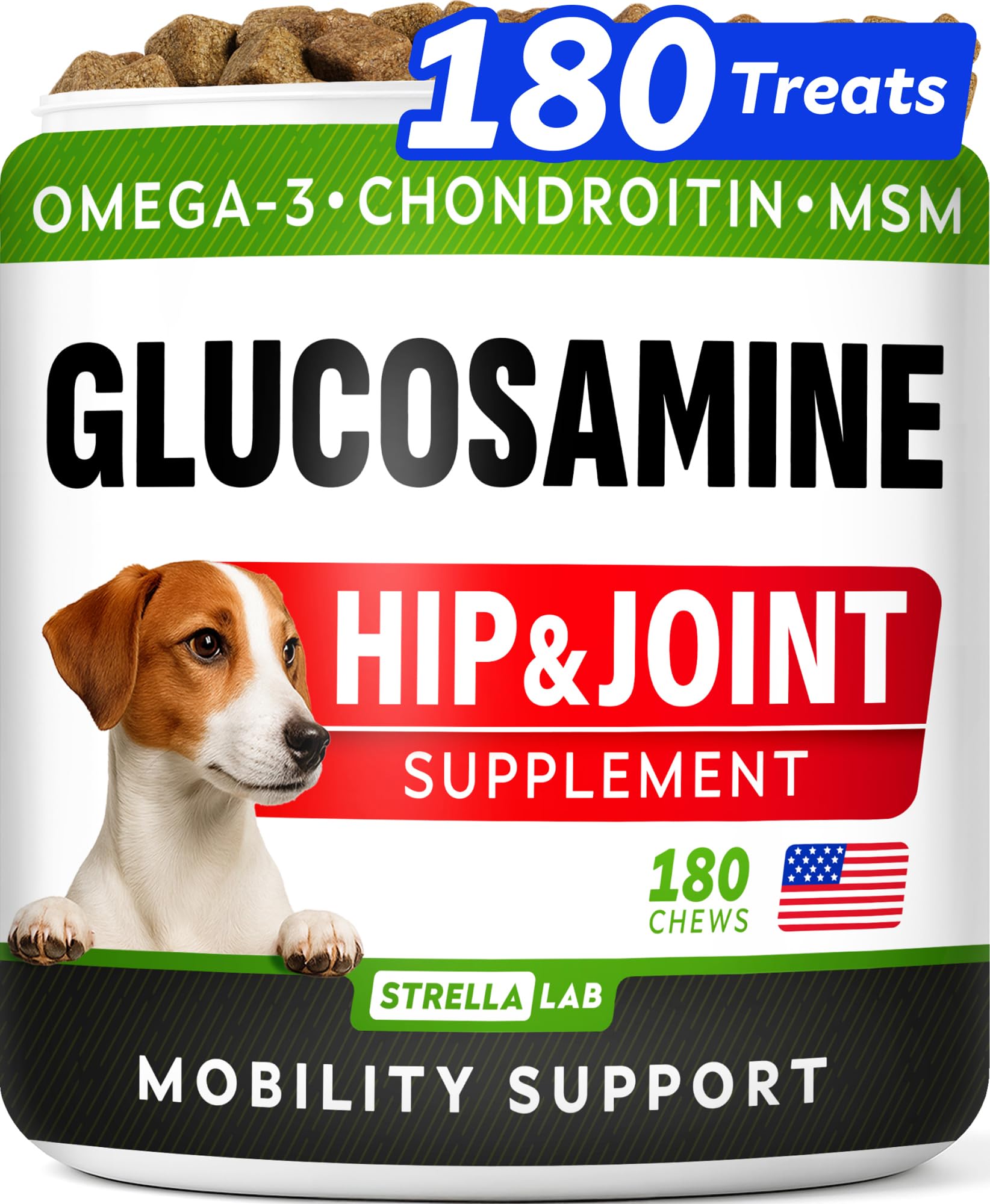 Glucosamine Treats for Dogs - Joint Supplement w/Omega-3 Fish Oil - Chondroitin, MSM - Advanced Mobility Chews - Joint Pain Relief - Hip & Joint Care - Chicken Flavor - 180 Ct - Made in USA
