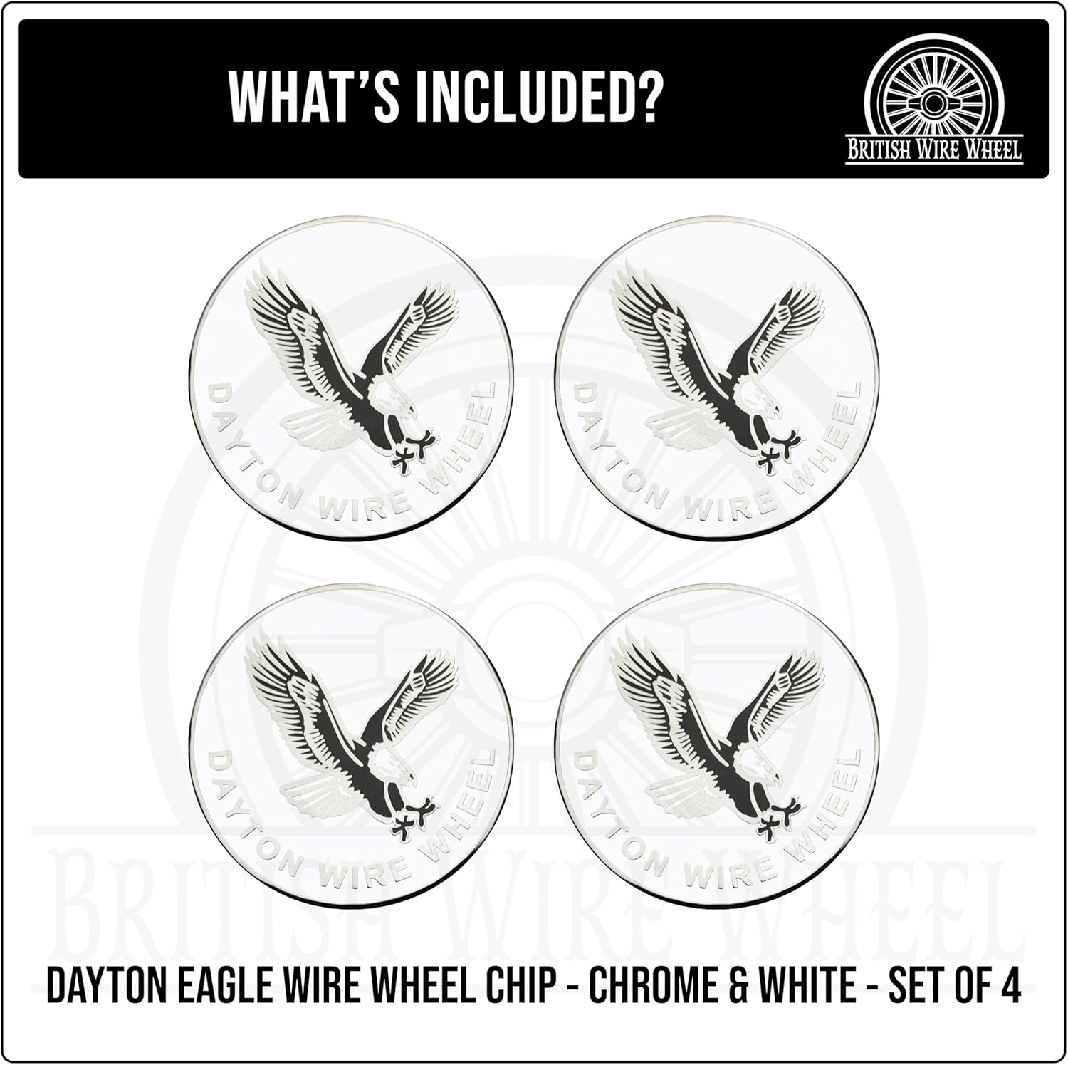 Dayton Eagle Chrome & White Metal Wheel Chip Emblems (Set of 4) | Triple Chrome Plated Solid Metal Wheel Chip Emblems, 2.25" | for Lowriders with Recessed Knock Off Spinner Caps