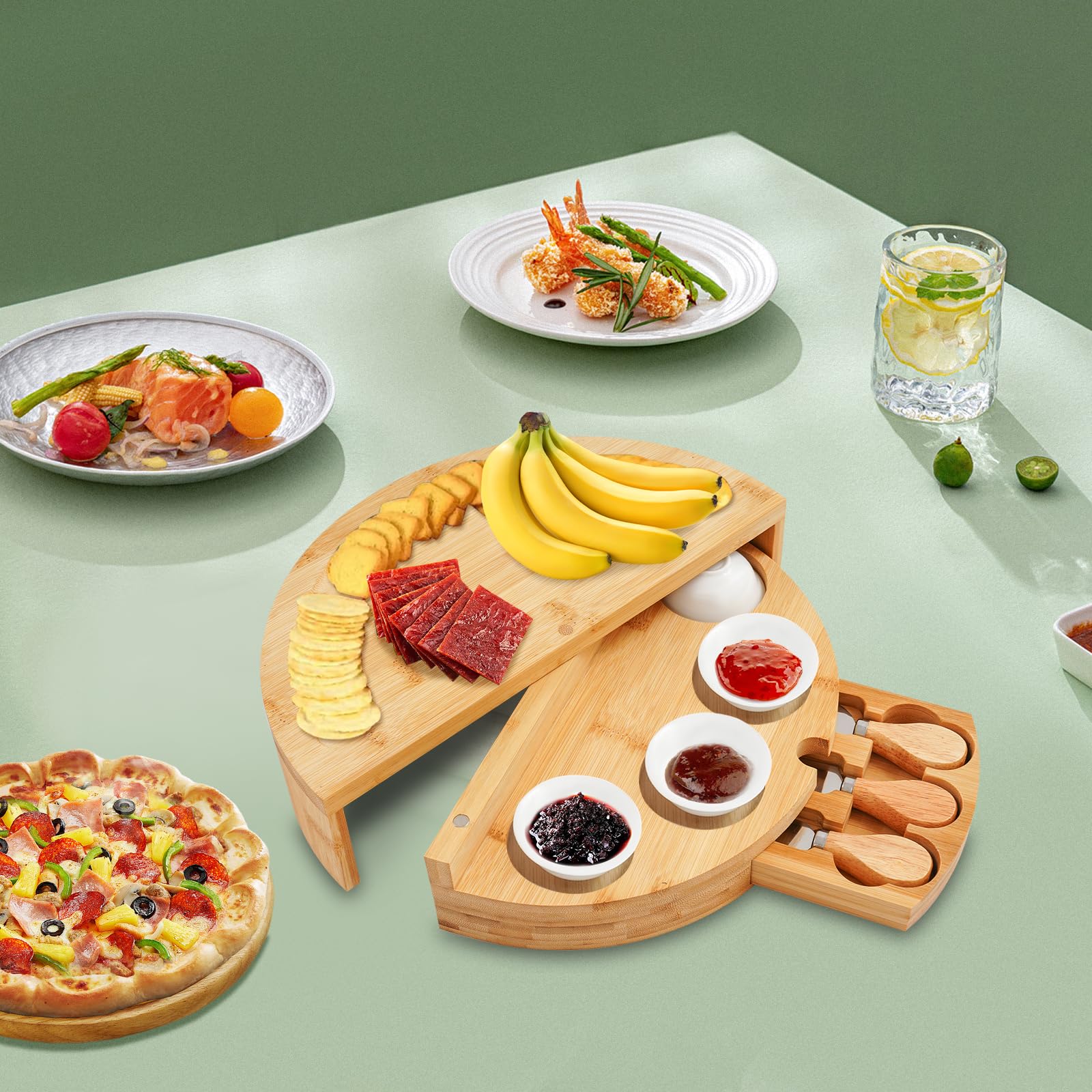 Tabla de queso de bambú con cuchillo, juego de herramientas para queso, plato giratorio para servir aperitivos, plato para pizza, con 4 cuencos, 2 cuchillos de queso y 1 tenedor, para colocar queso