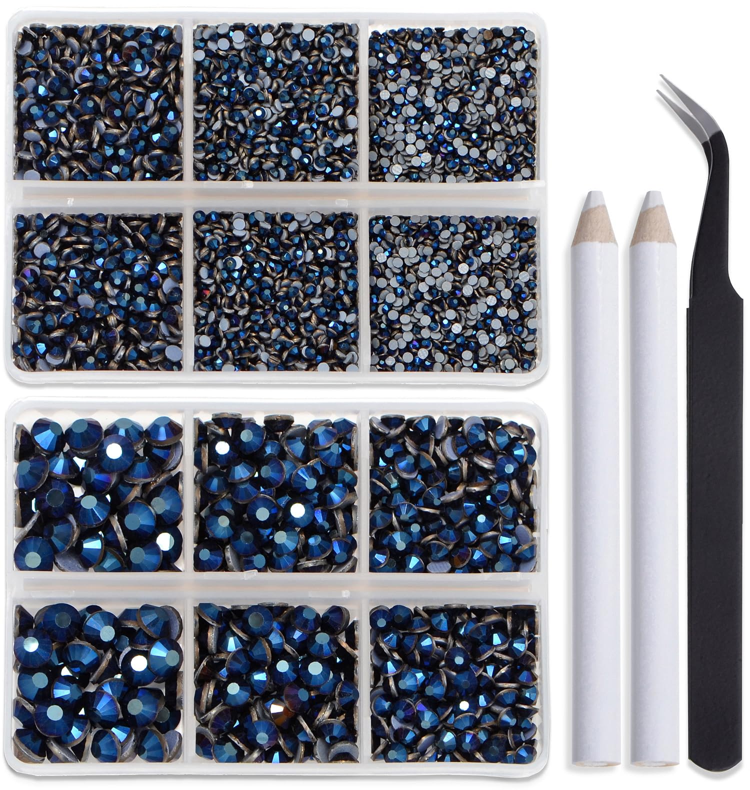 Bymitel Hotfix Crystal Rhinestones Round Gems for Crafts,Mixed 6 Sizes with Wax Pencil Kit, Mine Blue 1.6-6.3mm SS4-SS30/8000pcs