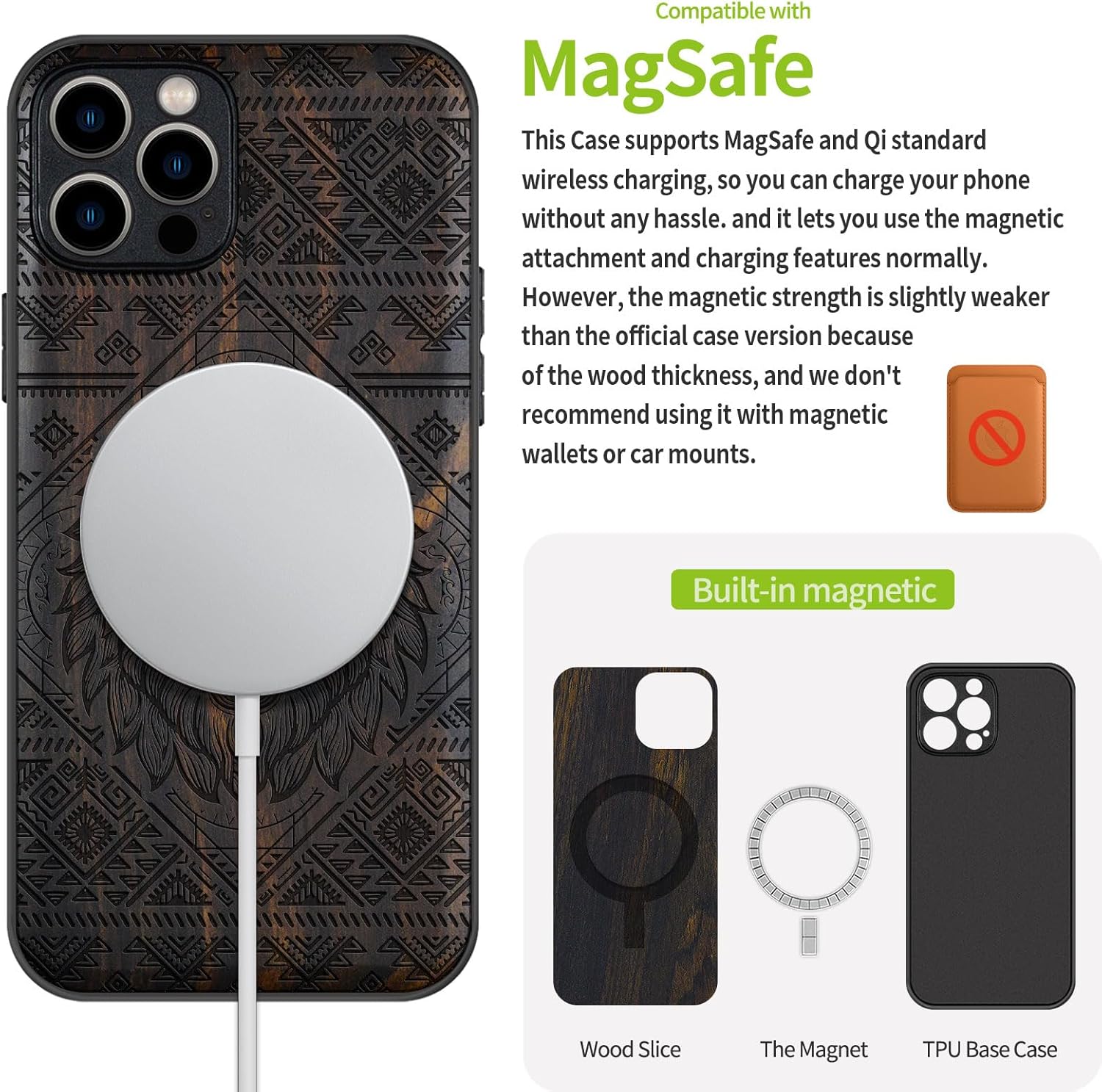 Carveit Magnetic Wood Case for iPhone 12 Pro Case [Natural Wood & Black Soft TPU] Shockproof Protective Unique Wooden Cover Compatible with MagSafe (Filigree Lion -Blackwood)