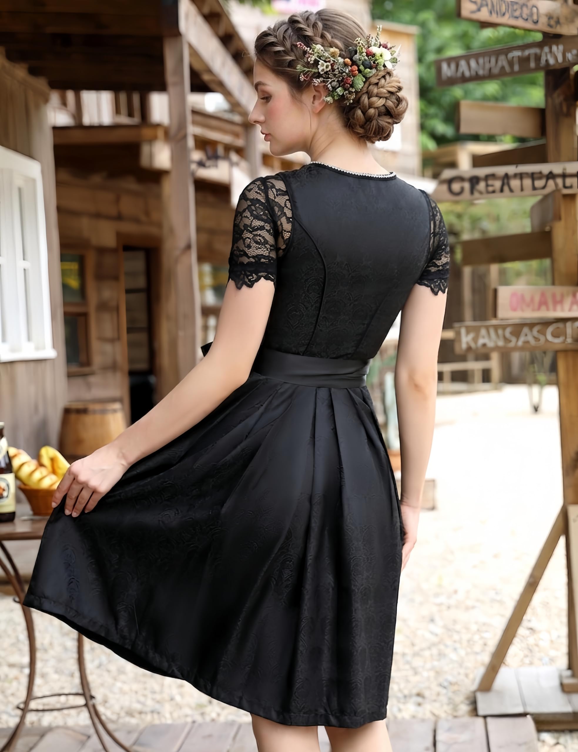 YesFashion Dirndl Damen 3 Teilig Midi Trachtenkleid mit Spitzenbluse & Schürze-Besticktes Outfit für Oktoberfest