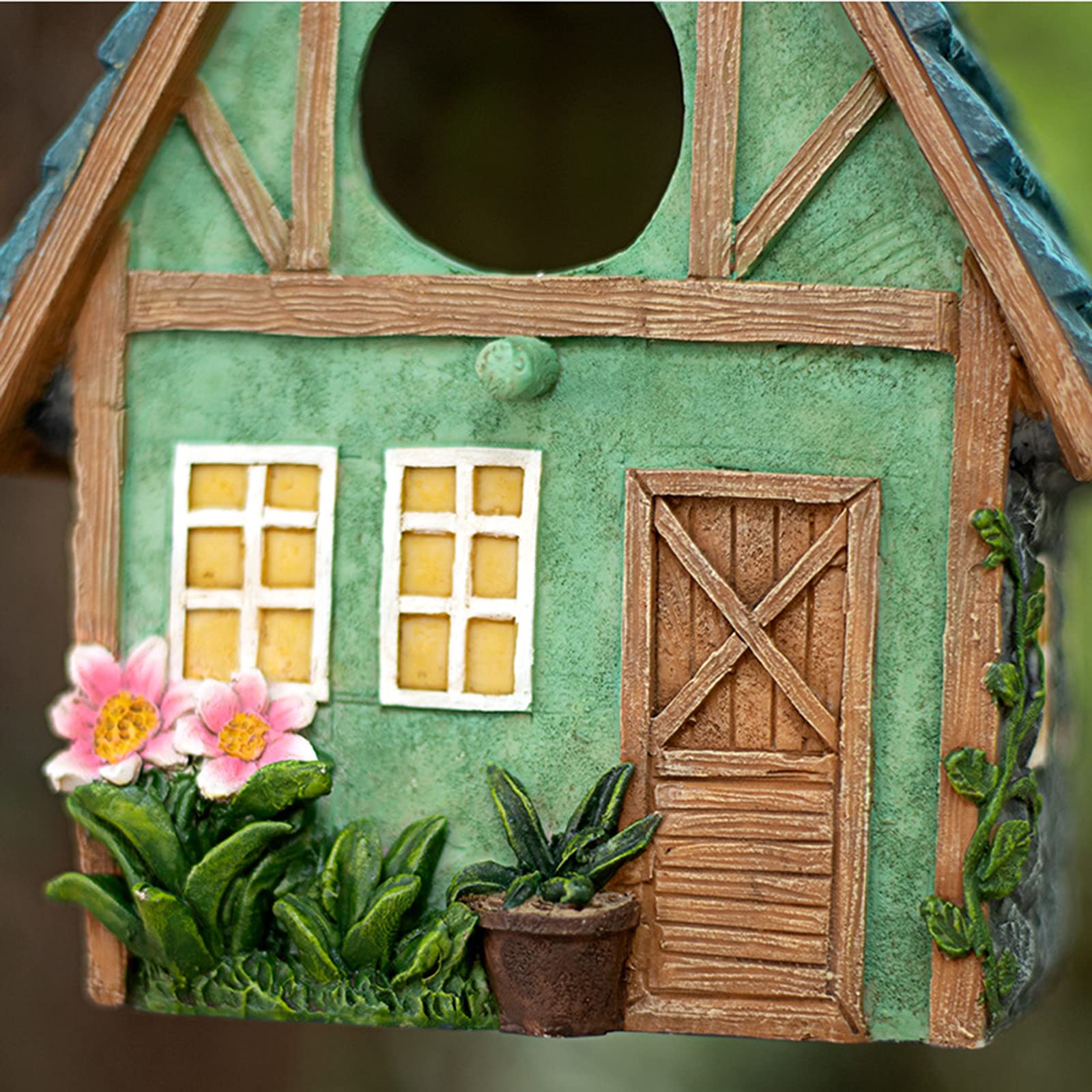 Casa de pájaros de resina sintética, para colgar al aire libre, con anillo de metal, adecuada para jardín, terraza y patio.