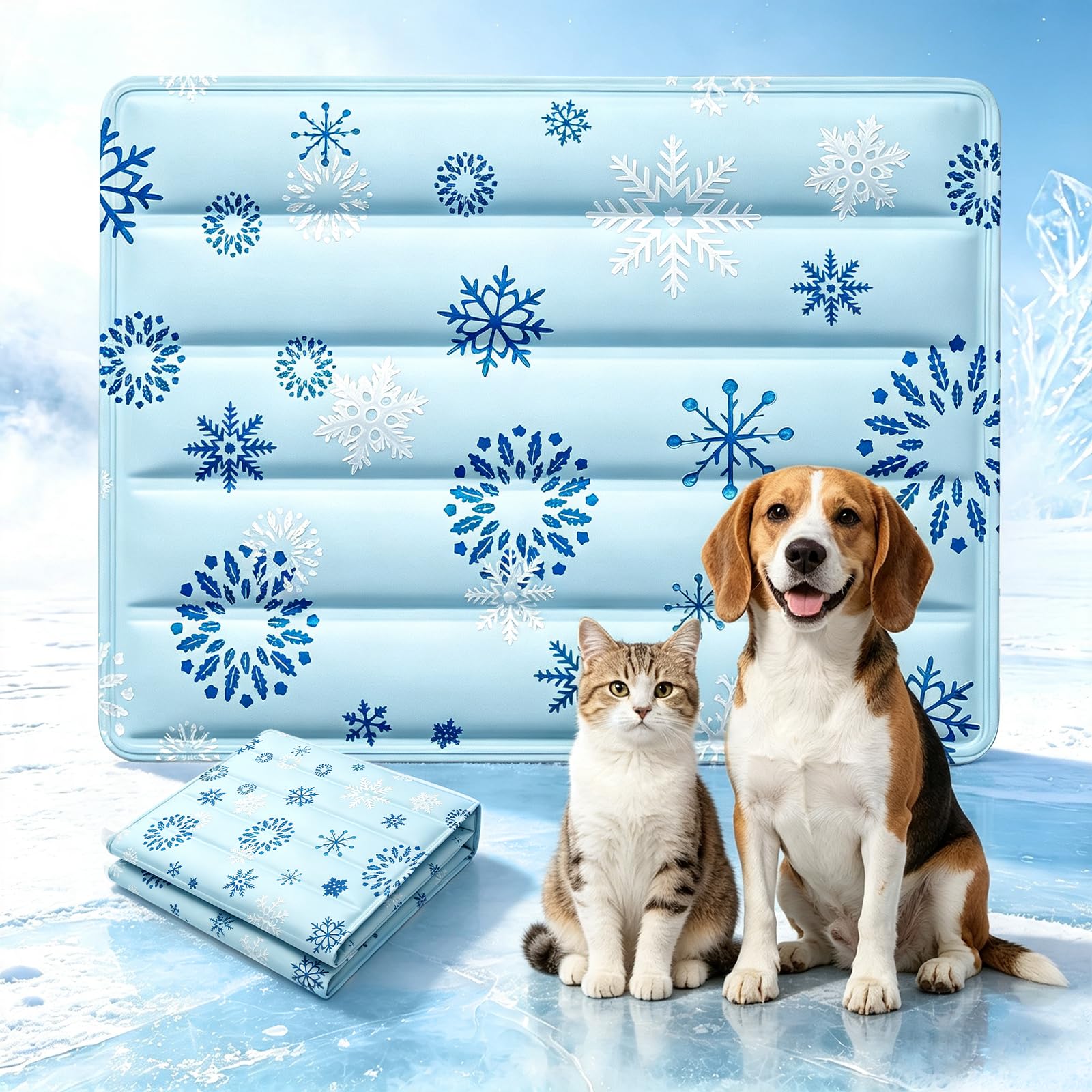 ZukZythepsor Dog Cooling Mat 40 x 60 cm, Gel Infused Self Cooling Pet Pad with Anti Slip Base, Waterproof Wipe Clean Bed Mat for Dogs, Cats, Rabbits, Crates, Cars and Summer Travel (Blue Snowflake)