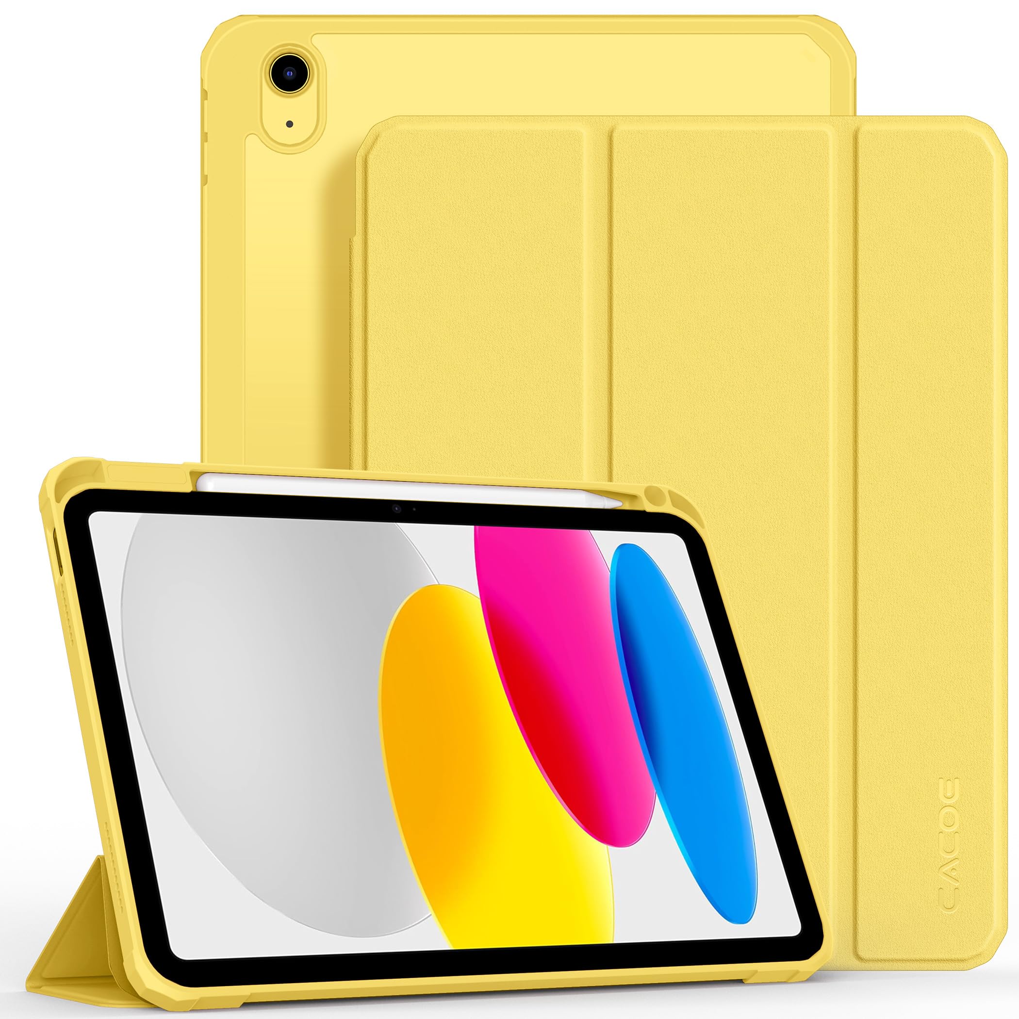 CACOE Custodia Cover Compatibile con iPad 10 generazione 2022, Ultra Sottile Retro Trasparente Cover con Portapenne, Giallo Chiaro