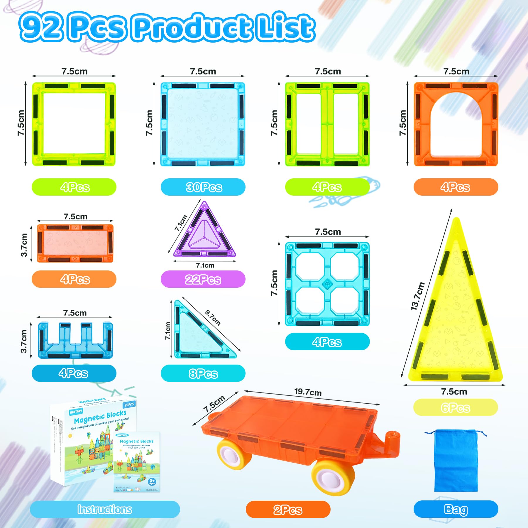 NAETANY Costruzioni Magnetiche, 92 Pezzi Giochi Magnetici per Bambini 3D Costruzione Magnetica per Bambini Educativi Calamite Montessori Costruzioni per Ragazza Ragazzo 3 4 5 6 7 8 anni