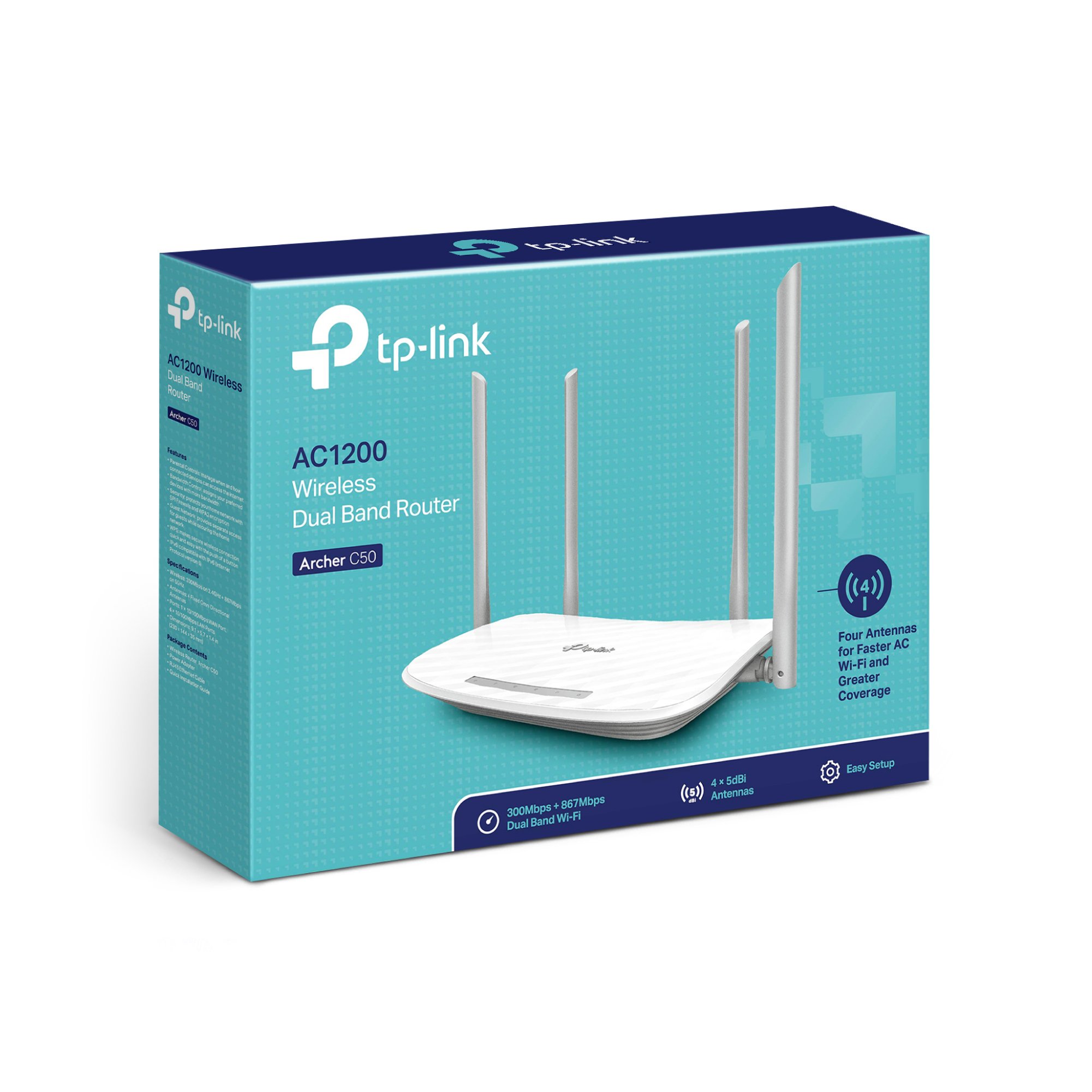 TP-Link Archer C50 AC1200Mbps Wi-Fi Router Dual Band, 867Mbps su 5 GHz e 300 Mbps su 2,4 GHz, 5 Porte Fast WAN/LAN, Parental Control, MU-MIMO, Beamforming, Ripetitori, Supporto IPTV, IPv6, WPS