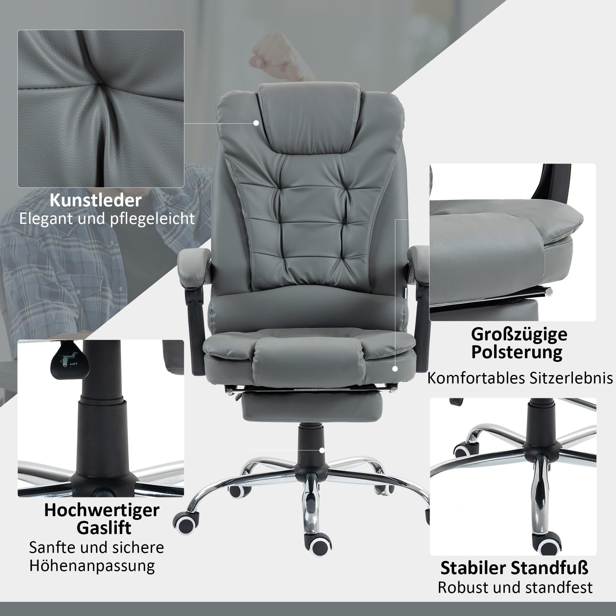 HOMCOM Bürostuhl Ergonomischer Schreibtischstuhl mit Lendenwirbelstütze, Armlehne, Fußstütze, Höhenverstellbarer Drehstuhl mit Wippfunktion, Kunstleder, Gepolstert Computerstuhl, Grau