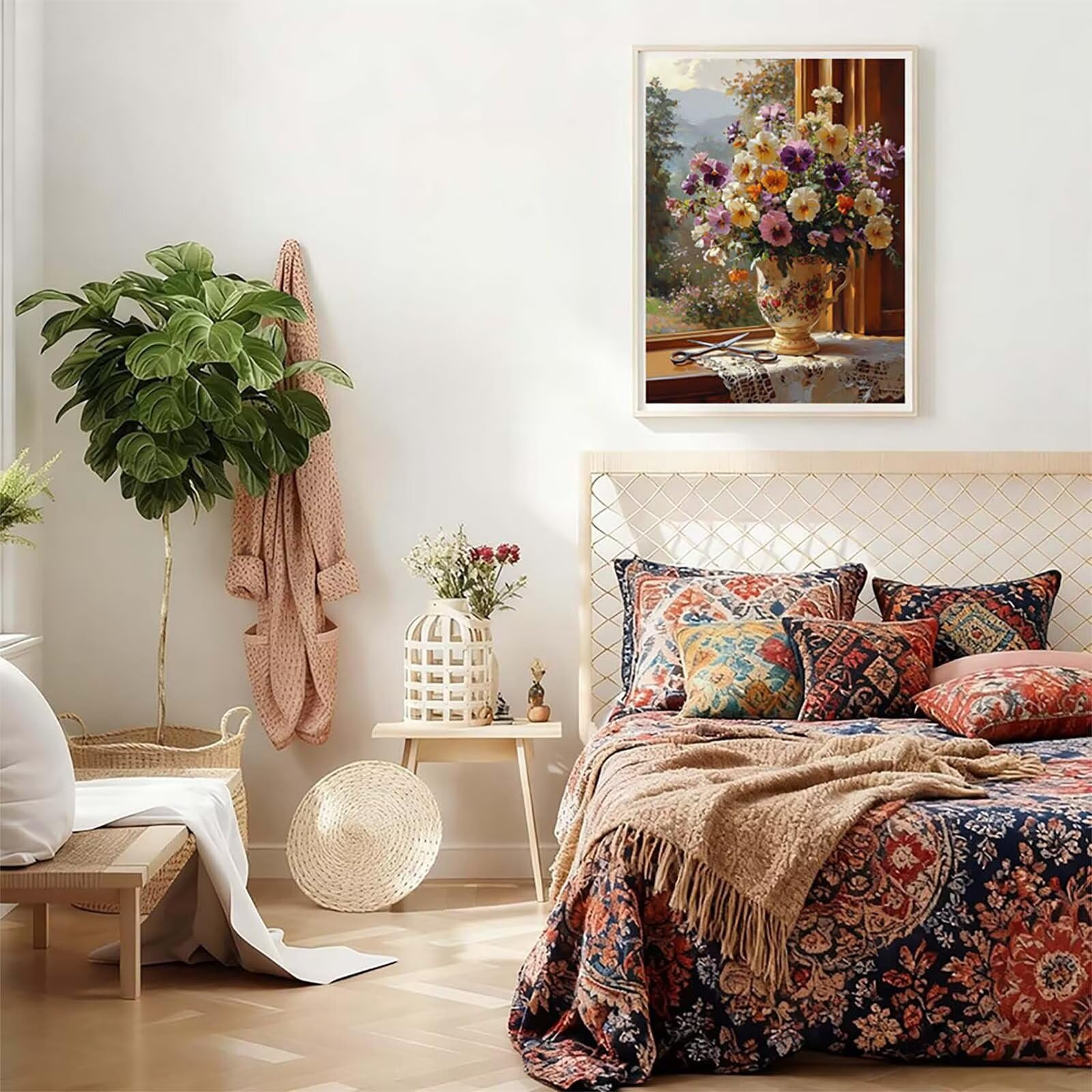 Blume Malen Nach Zahlen Erwachsene mit Rahmen, Malen Nach Zahlen Pflanzen, DIY Bastelset Erwachsene, Handgemalt Ölgemälde Kit mit 3 Pinseln und Acrylfarbe, Deko Wohnzimmer Geschenke 60x70cm 4-5817