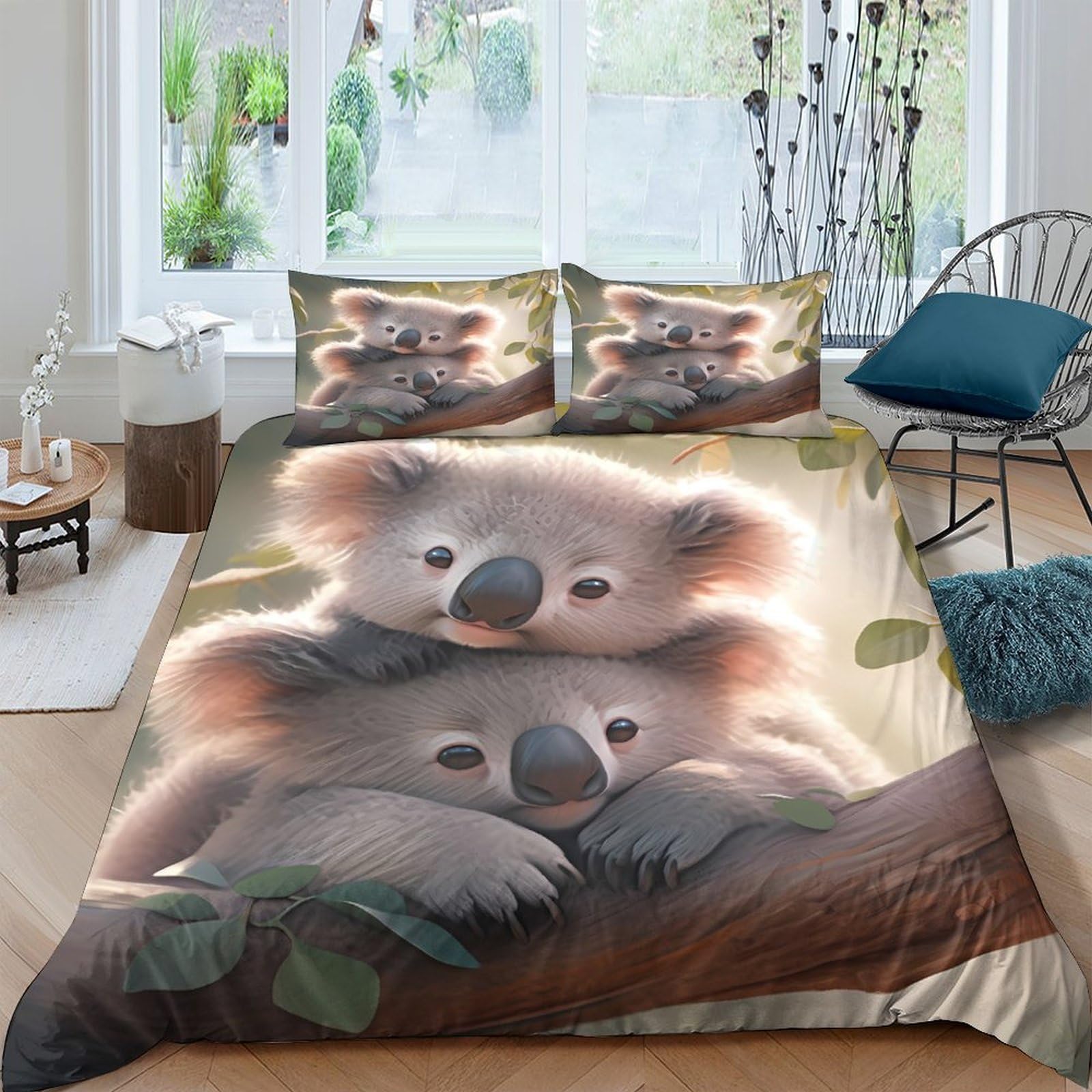 GPLZQXKJNH 3D Printed Koala Tree Duvet Cover Microfiber Soft Breathable Animal Bedding Set with 2 Pillowcases for Bedroom Decor Single（135x200cm）