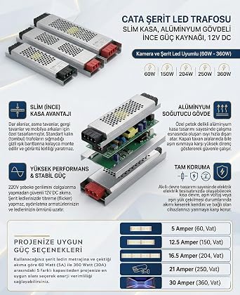 Şerit Led Trafosu 12V Cata Serisi Slim Kasa, Alüminyum Gövdeli İnce Güç Kaynağı, Kamera ve Şerit Led Uyumlu (60W - 360W) 5, 12.5, 16.5, 21, 30 Amper (150, Vat)