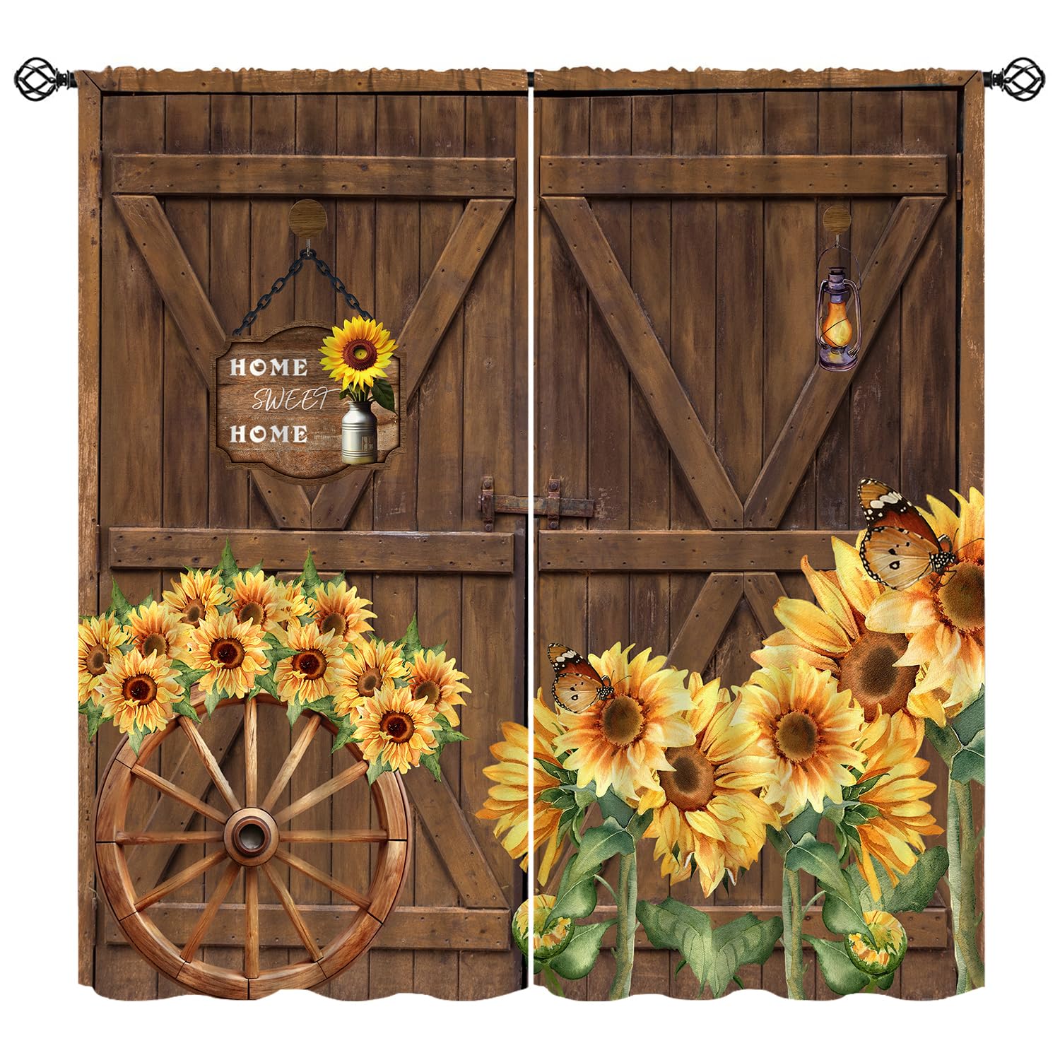 Rustic Curtains, Vintage Farmhouse Country Wooden Door Butterfly Sunflower Blackout Window Treatments, Rod Pocket Thermal Insulated Drapes 2 Panels