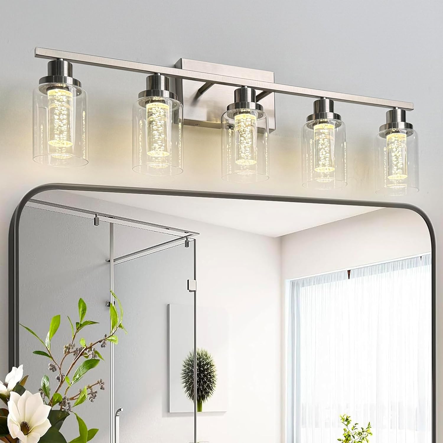 MELUCEE Bathroom Vanity Light Fixtures 5-Light Modern LED Vanity Lights for Bathroom Brushed Nickel with Crystal Bubble Clear Glass Shade, Dimmable Wall Light 3000K-6000K, Built-in LED Chips