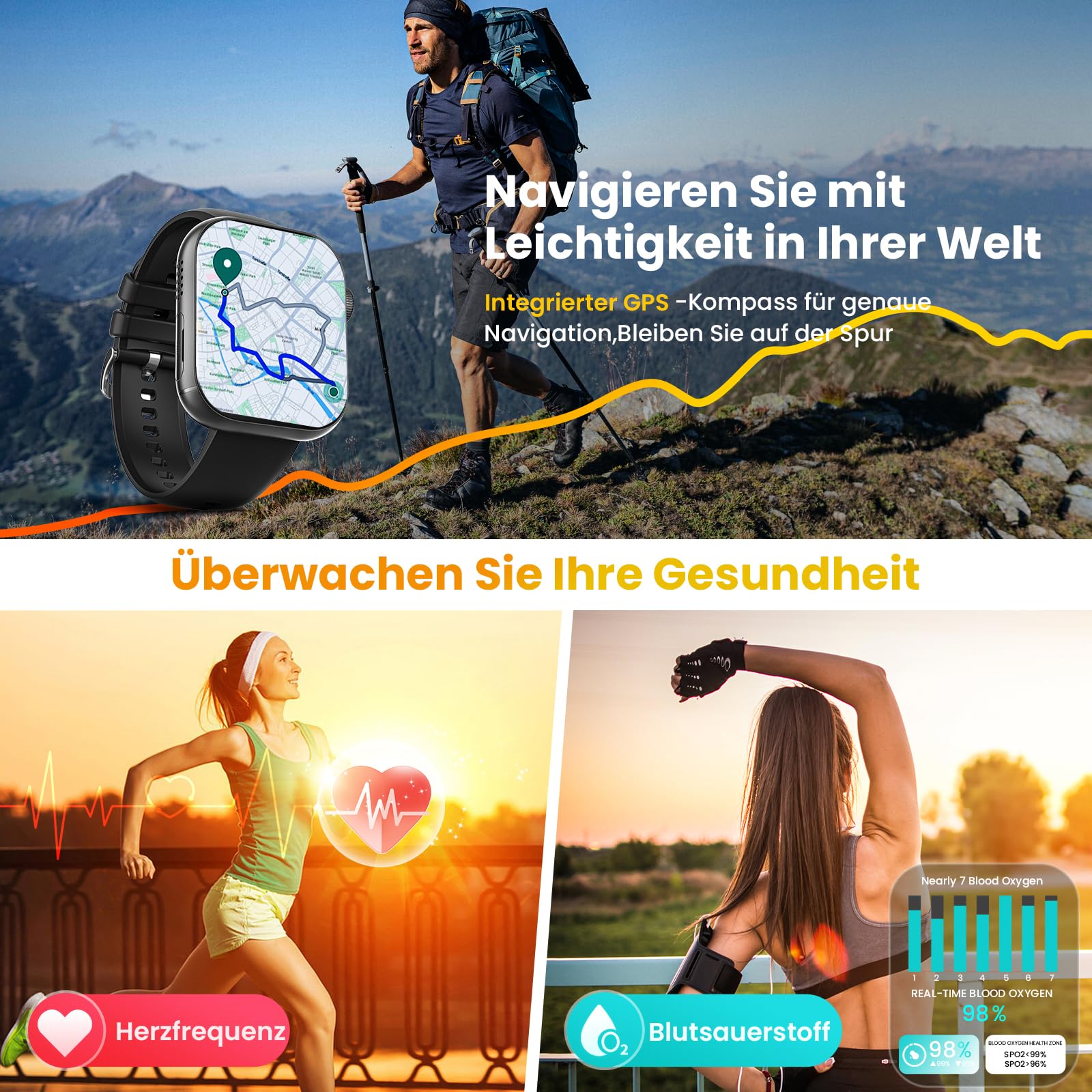 4G Smartwatch mit Telefon 2.1" AMOLED Touch Großbildschirm Smart Watch für Herren Damen Fitness 1020mAh GPS Tracker SIM Slot Drehende Kamera Herzfrequenz Monitor SOS Anruf Sportuhren 3GB+32GB Schwarz