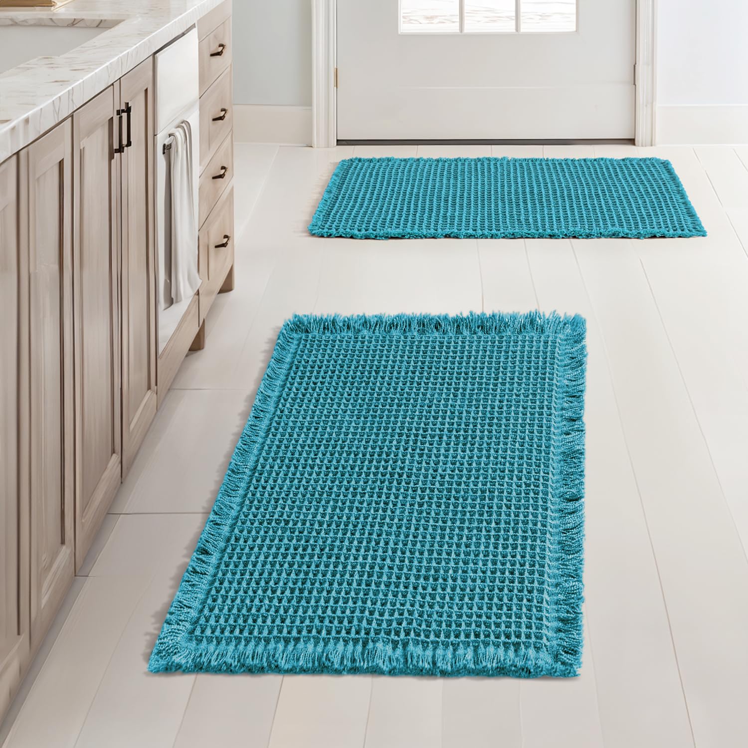 MIULEE Set of 2 Waffle Bathroom Rugs, Boho Bath Rugs Non Slip Washable, Super Absorbent Bath Mats, Ultra Soft Rubber Backed Shower Mats for Bathroom