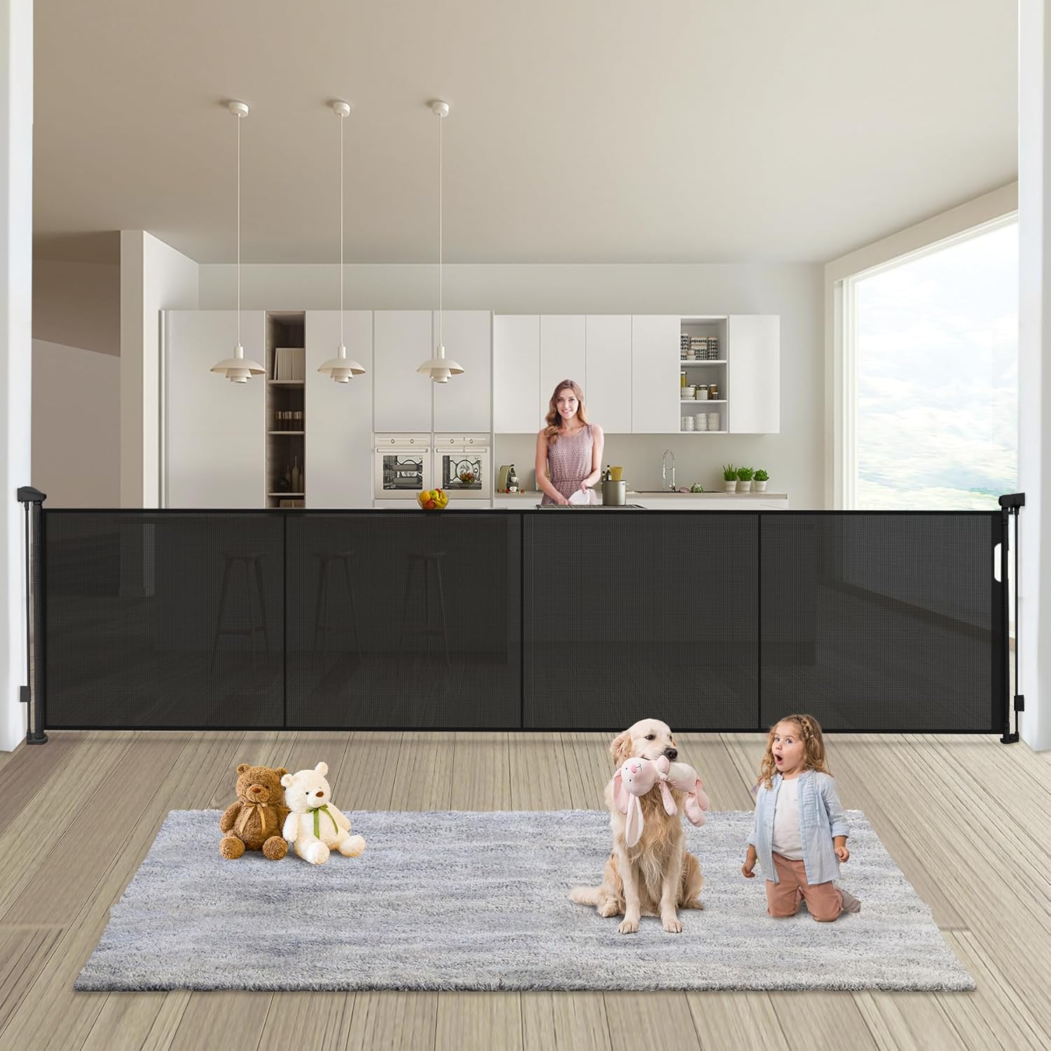 Retractable Baby Gates Dog Gate - 200\" Extra Wide Expandable Child Safety Gate, 37\" Tall Toddler Pet Mesh Gate with Reinforced Strips for Doorways, Stairs, Hallways, Outdoor & Indoor Large Openings Black 37\" Tall x 200\" Wide, Black