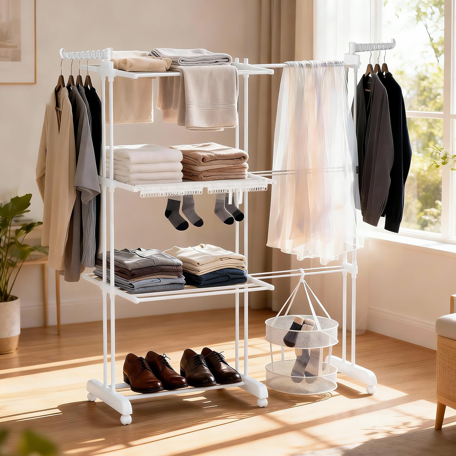 Étendoir à Linge 3 ÉTAGES Extensible & Pliable (66-130 CM) - Compact, 40 kg Capacité pour Petits Espaces,Blanc