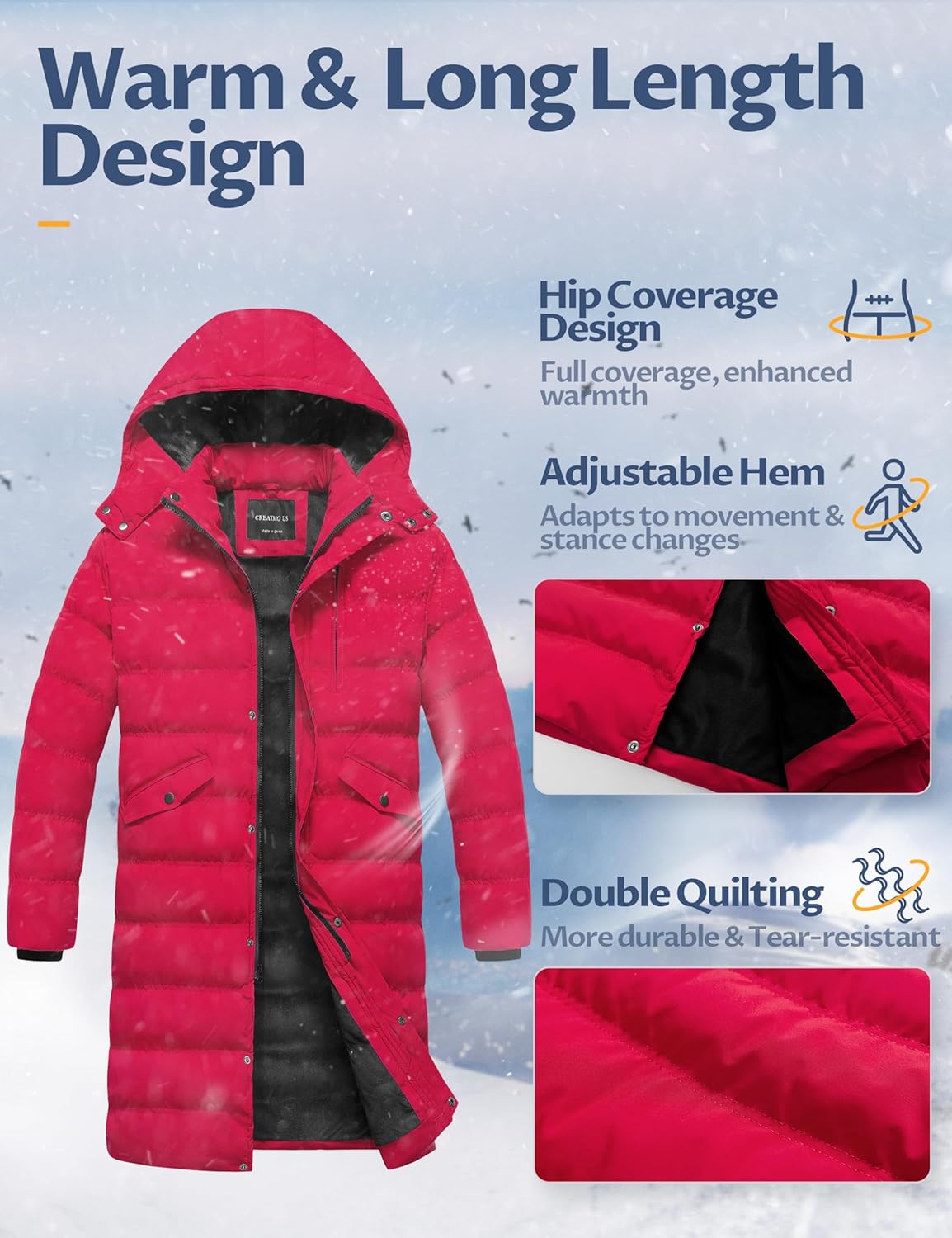 CREATMO US Men's Long Winter Coat Waterproof Thicken Warm Parka Quilted Insulated Puffer Jacket with Removable Hood - Image 5