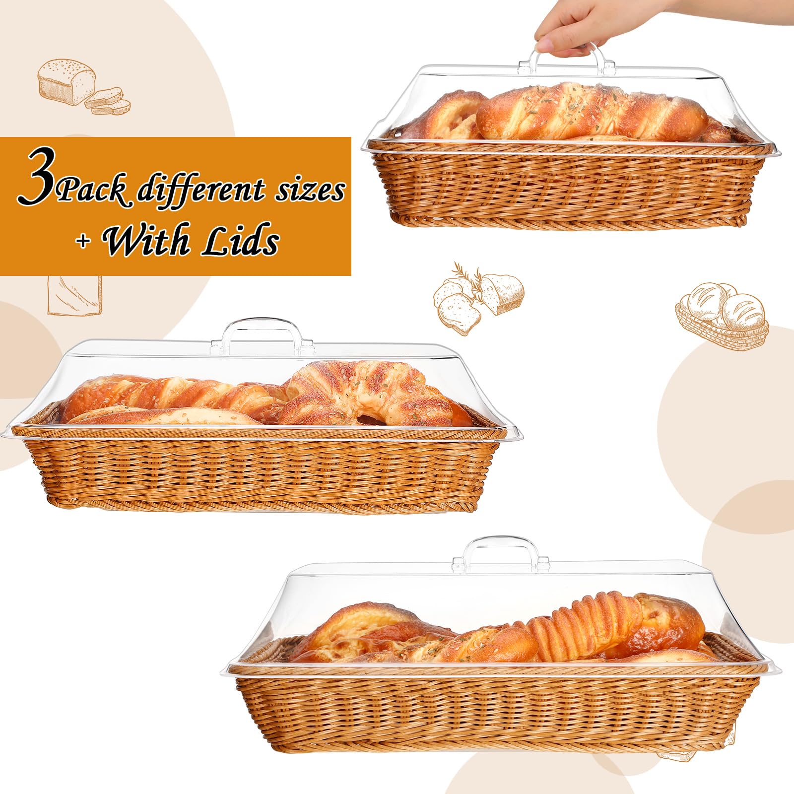 Yungyan Confezione da 3 cestini per il pane in finto rattan, 3 dimensioni, per servire con coperchio in acrilico, cesto di frutta intrecciato con coperchio per alimenti e verdure, da cucina,