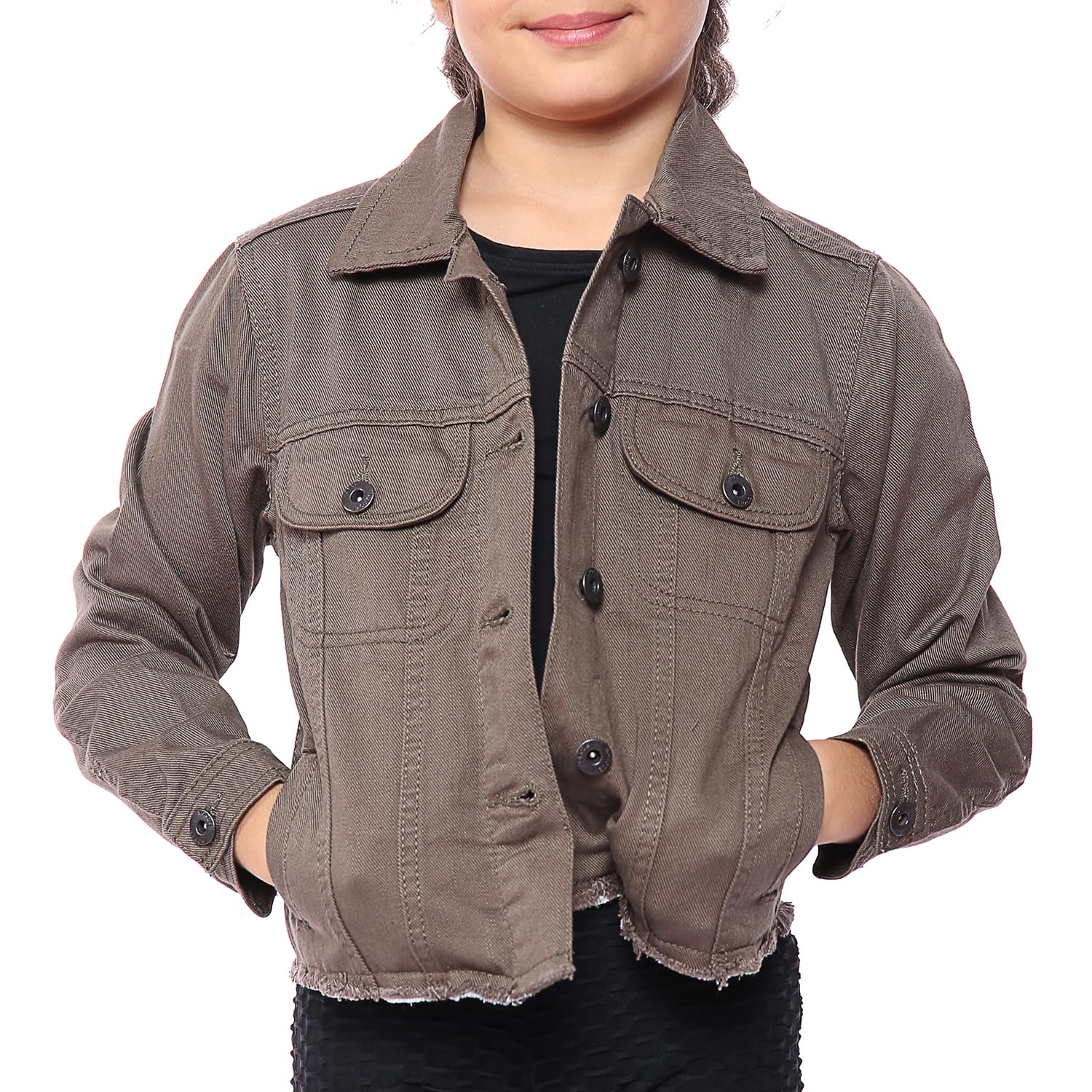 Noroze Girls Khaki Kid's Denim Jacket Cropped Denim Jacket Ripped Self Fabric Distressed Hem Casual Jean Coat (13 Years, )