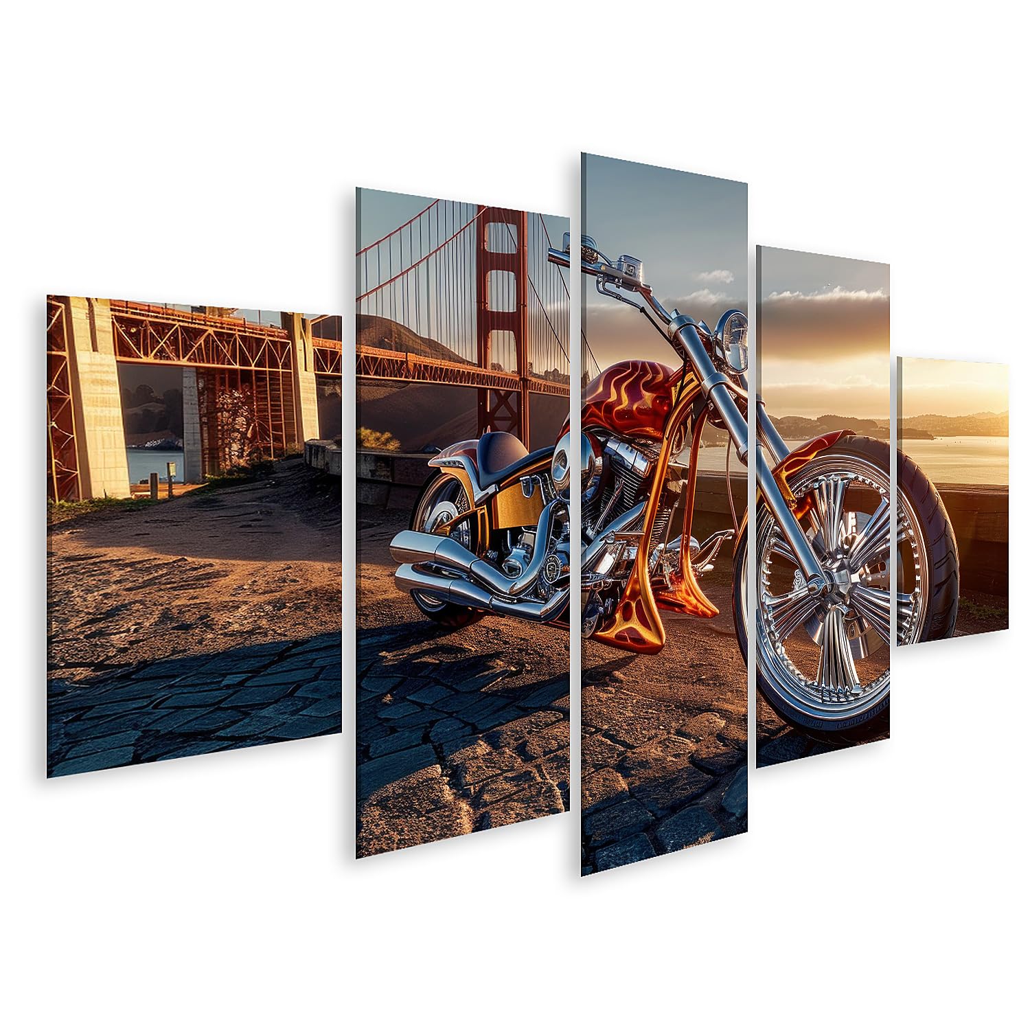 islandburner Quadro su tela moto a Golden Gate Ponte al sole della sera per soggiorno amanti della moto vintage officina moto immagini poster