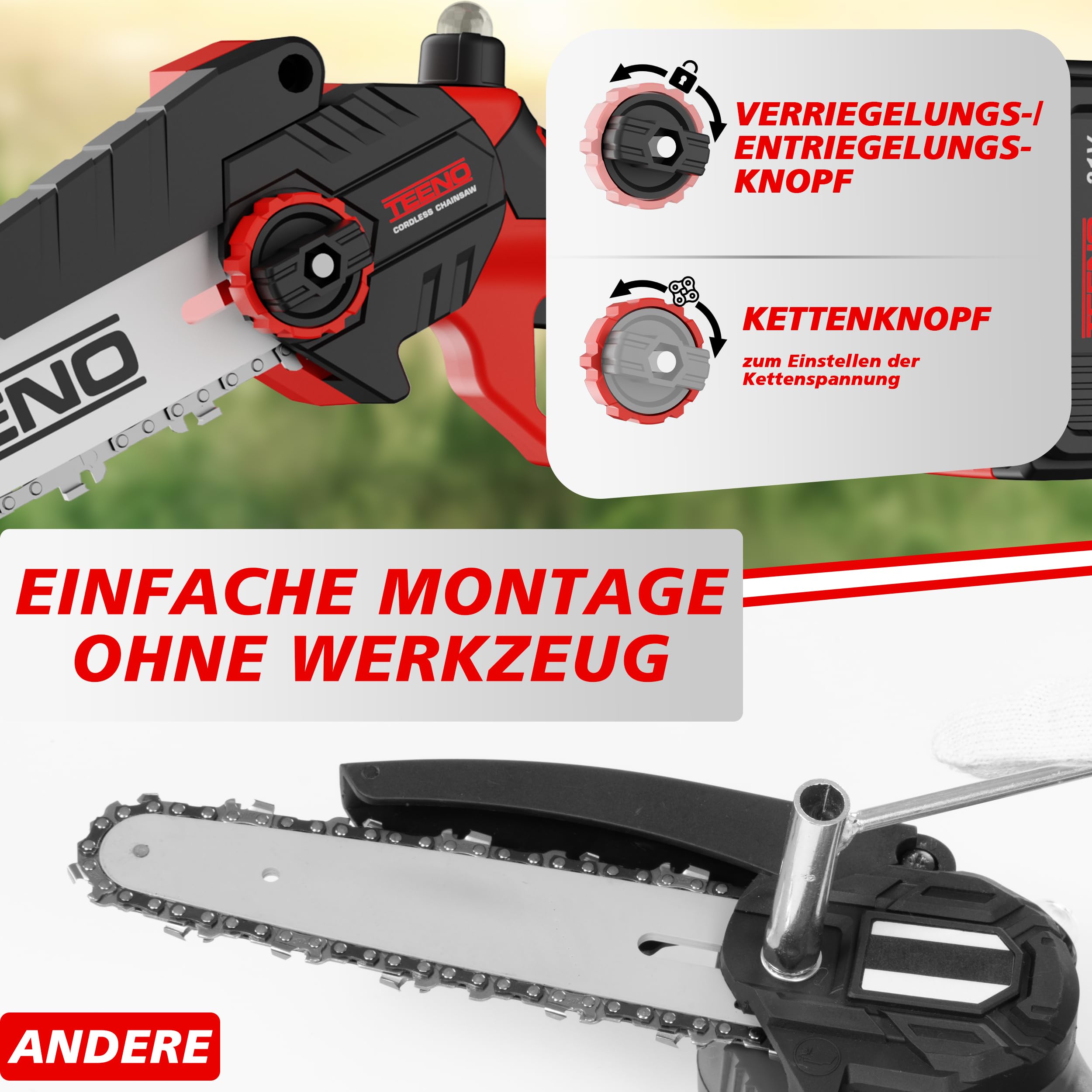 TEENO Hochentaster, Elektrische Kettensäge, 2 in 1, Elektrischer Teleskop-Kettensäge, Teleskopstange, 6 Zoll, 2 * 4000 mAH Akku