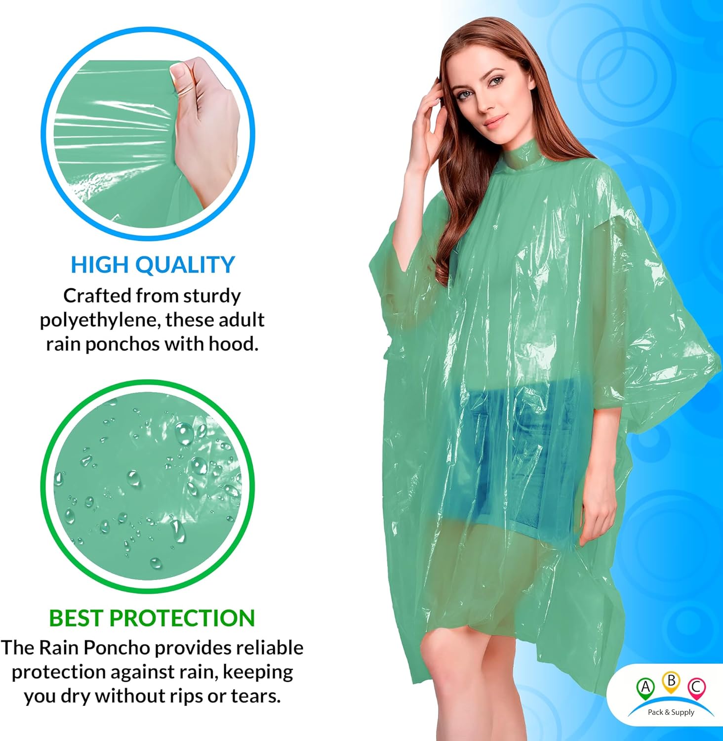ABC PACK & SUPPLY Disposable Rain Ponchos for Adults, Green Hooded Rain Poncho, One Size, Polyethylene 0.02mm, Individually Wrapped, Bulk Pack of 200