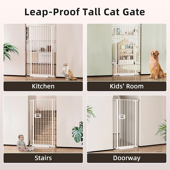 140CM Gate Extra Tall Pet Gate, 82-89CM Wide Cat Dog Gate for Doorways& Stairs, Tall Cat Gate Metal Walk Through Auto Close 3.5CM Narrow Gap, Pressure Mounted No Drilling, White