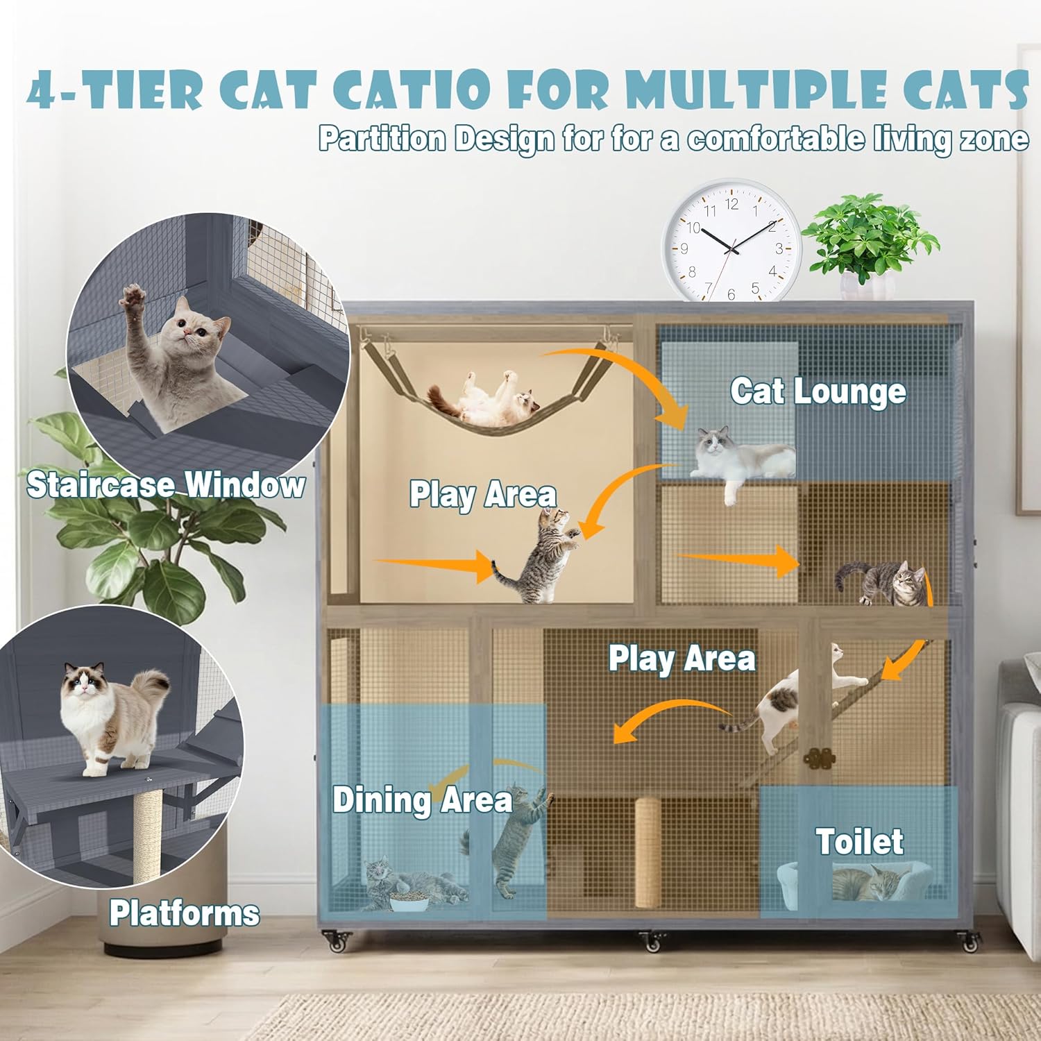 Catio Outdoor Cat Enclosures, Large 4 Tiers Cat House with Wheels, Wooden Window Catio Cats Cage with Weatherproof Roof, Hammock, Platforms, Scratching Post for Multiple Kitty Indoor (Grey)