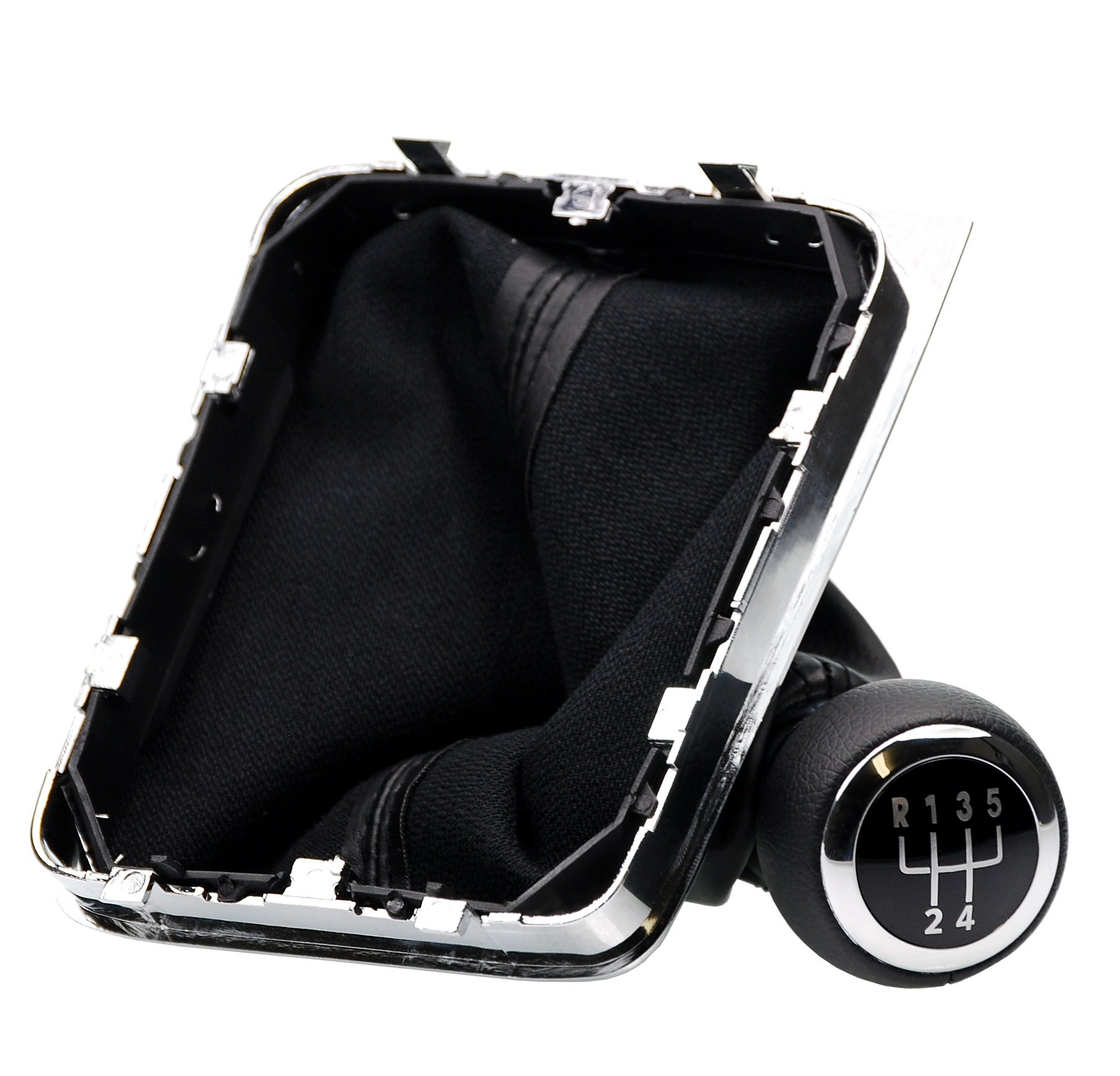 Pomello cambio e Cuffia cambio compatibile con VW per Passat B6 3C 2005-2010 - 5 Marce - nero - con telaio - finta simil pelle - leva cambio manuale - (A261-2)