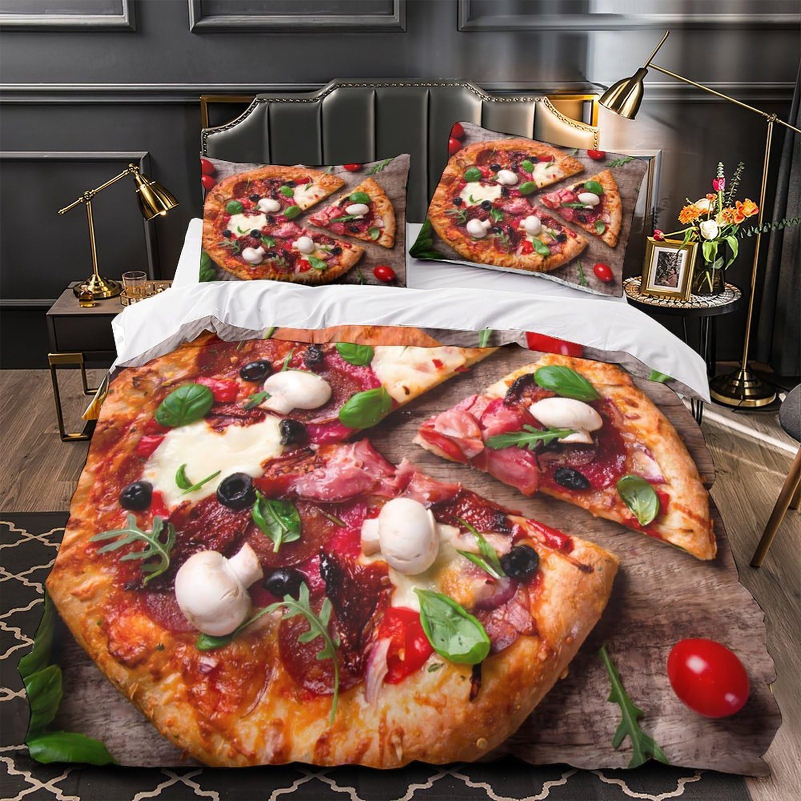 Parure de lit pizza 135x200 pour ado : housse de couette microfibre