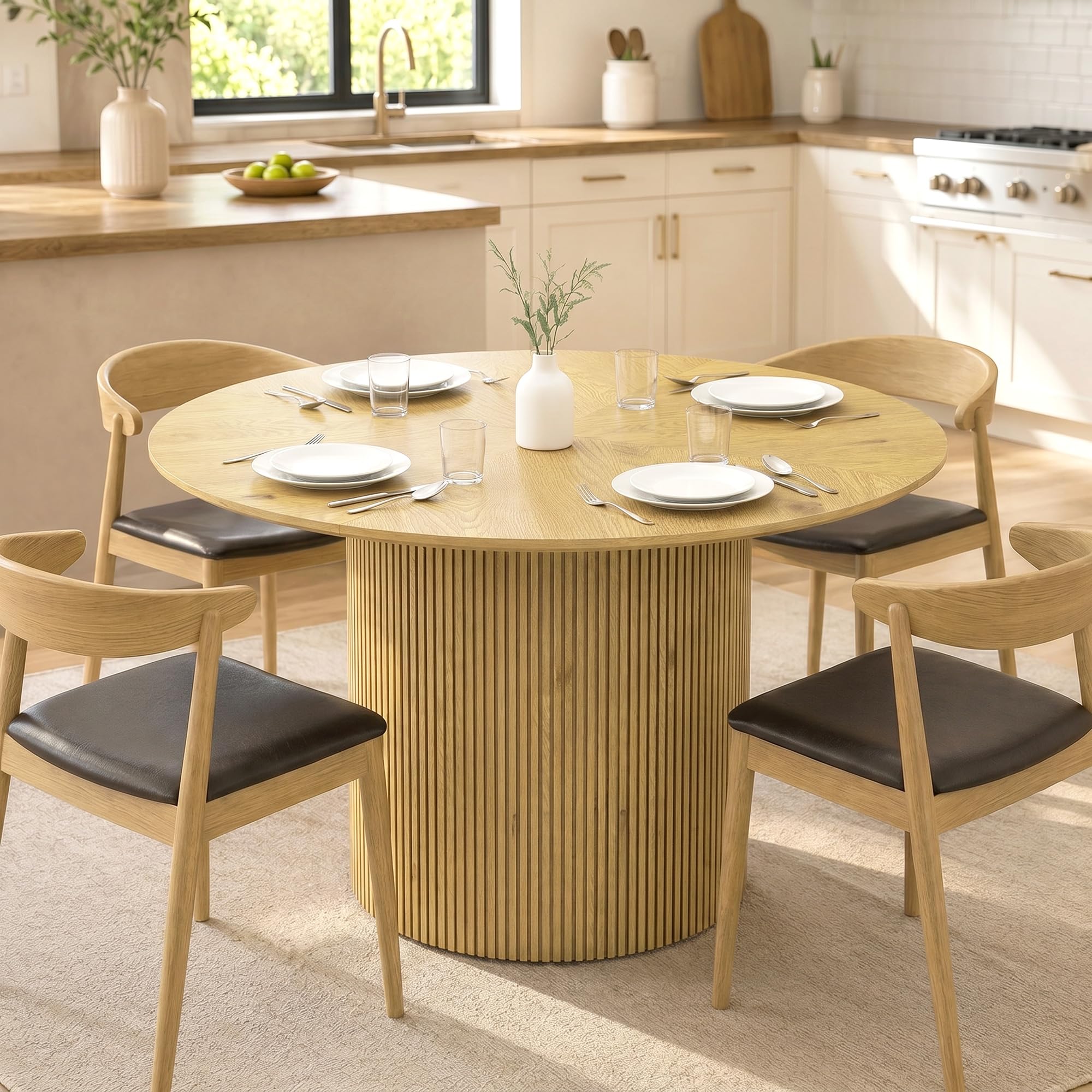 HOMCOM Mesa de Comedor Redonda Base Cilíndrica para 4-6 Personas Roble | Mesa de Cocina , Base Acanalada, Marco Metálico, para Sala de Estar, Carga 100 kg