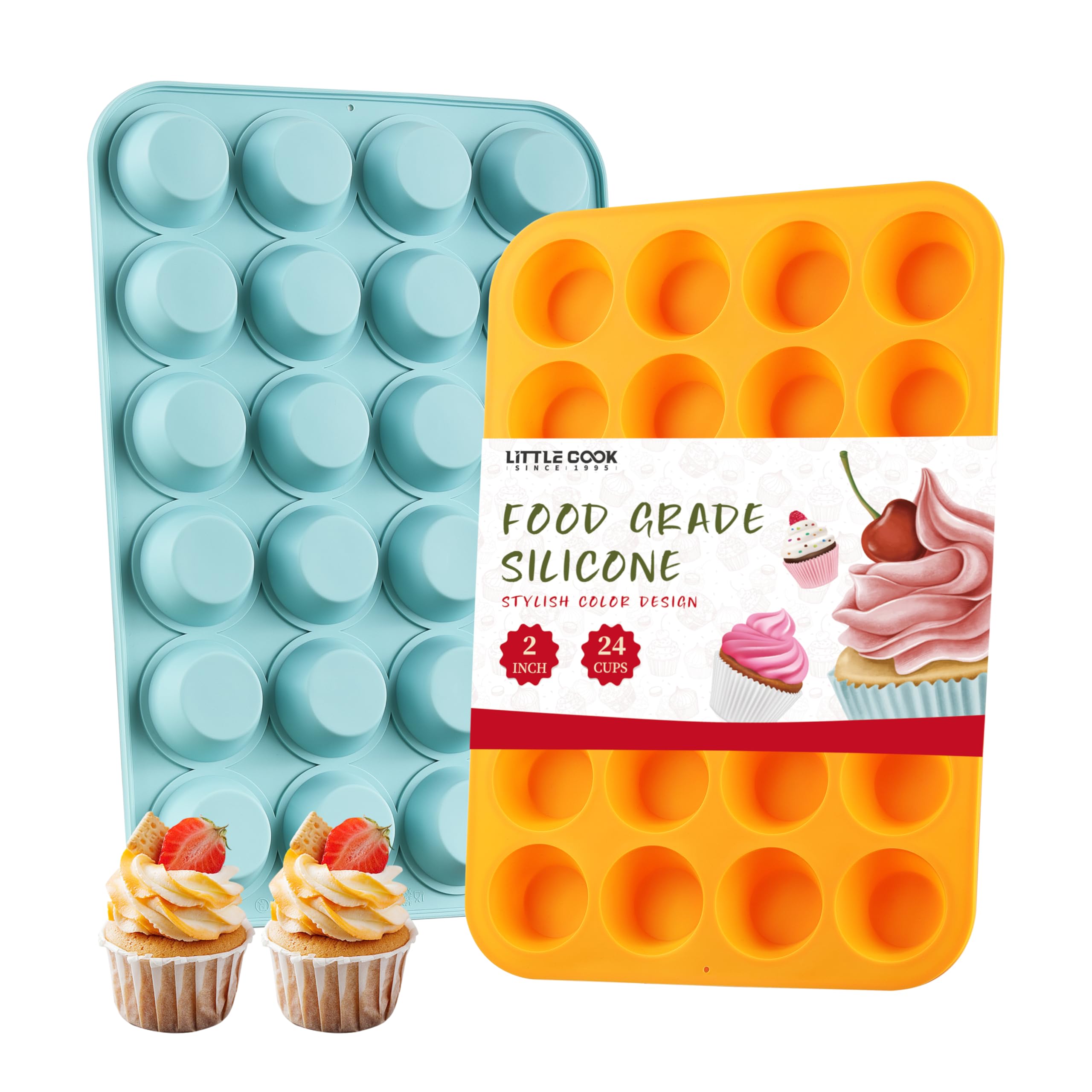 Little Cook - Juego de 2 moldes de silicona para magdalenas y magdalenas, antiadherente, sin BPA, apto para lavavajillas, perfecto para hacer magdalenas, pasteles, tartas (naranja + azul pavo real)