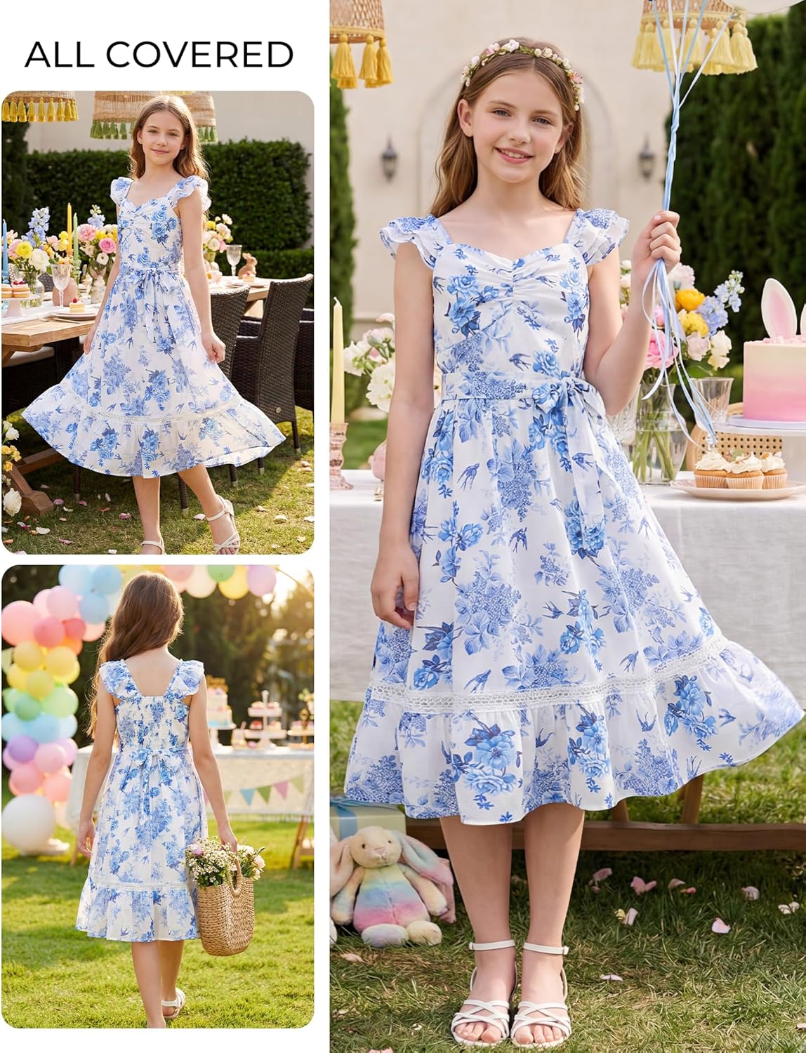 GRACE KARIN Girls Floral Spring Summer Dresses 7-14 Easter Flower Girl Maxi Dress Party, Flutter Sleeve Holiday Sundress - Image 2
