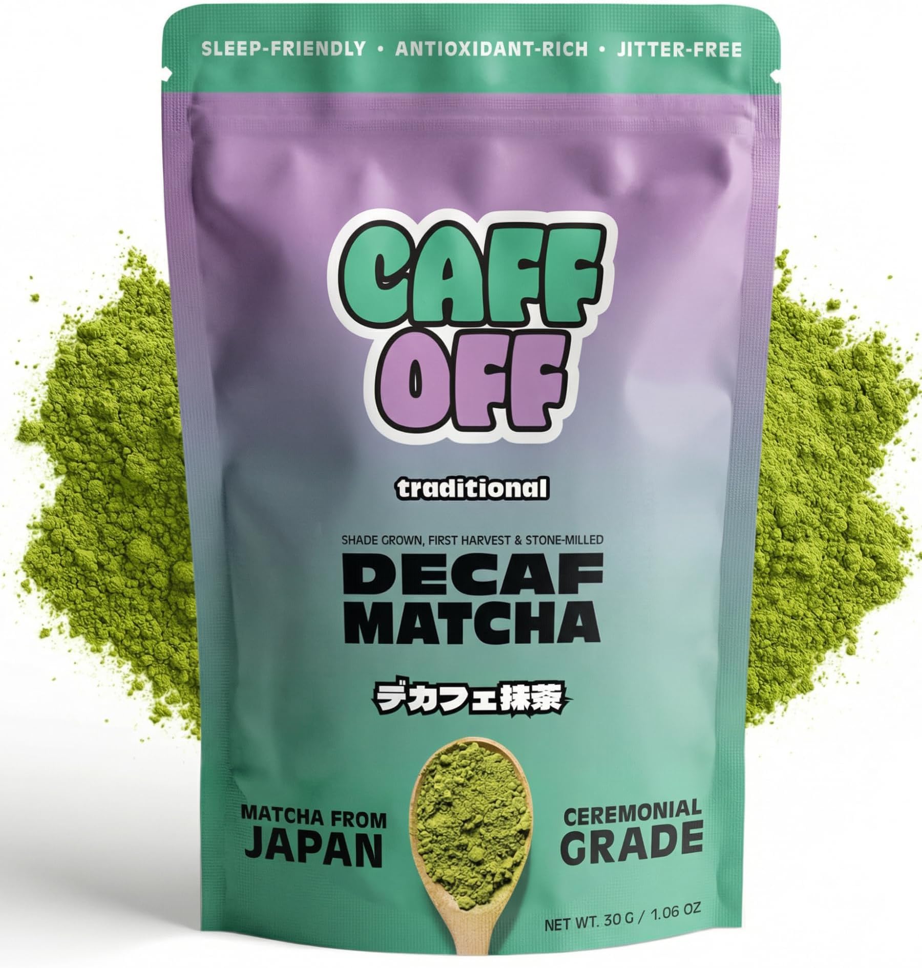 Decaf Matcha Green Tea Powder From Japan – Small Premium Bag - 1.06 oz / 30 g – Ceremonial Grade – Naturally Decaffeinated Without Chemicals – Tested for Heavy Metals