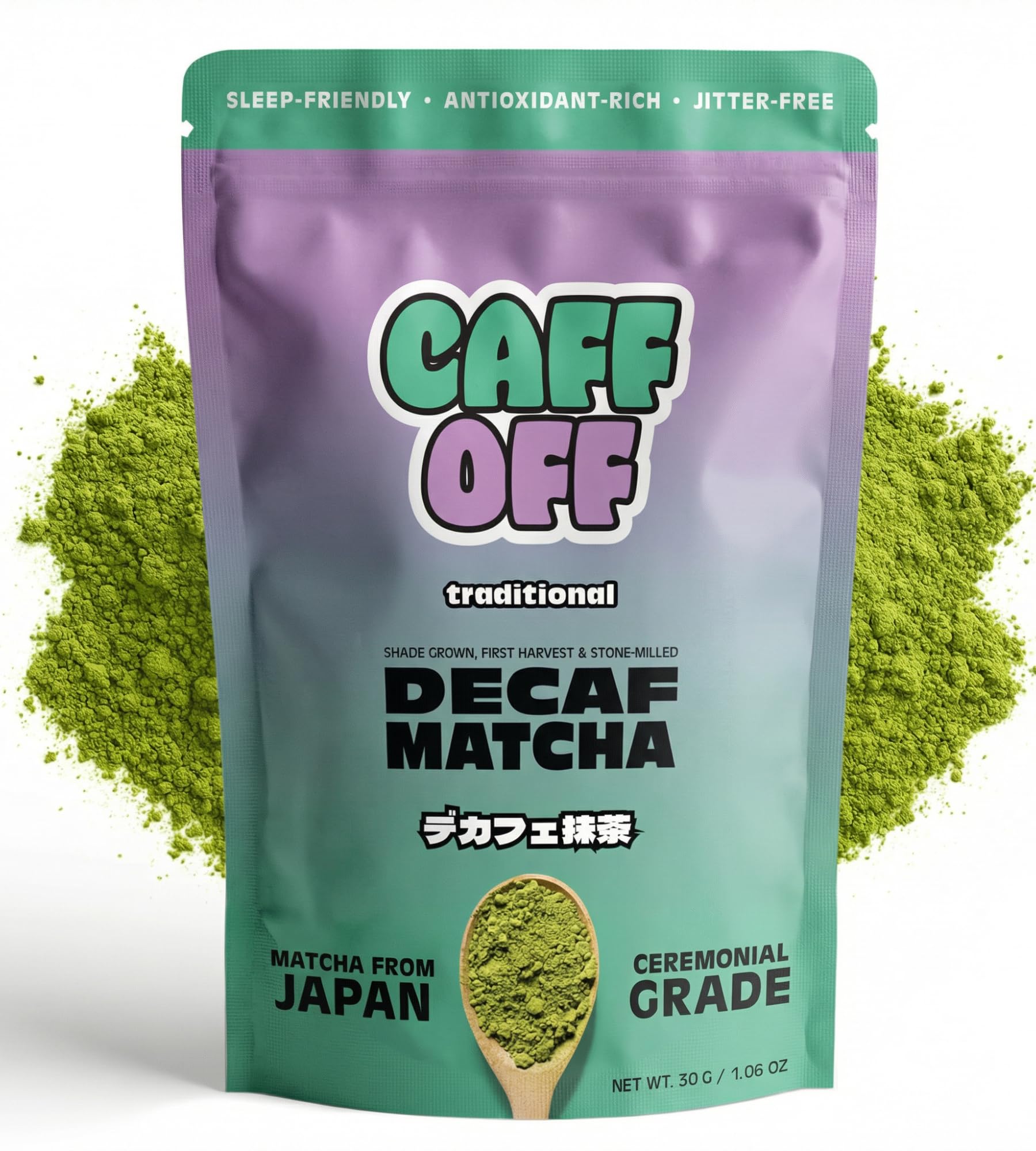 Caff Off Decaf Matcha Green Tea Powder From Japan – Small Premium Bag - 1.06 oz / 30 g – Ceremonial Grade – Naturally Decaffeinated Without Chemicals – Tested for Heavy Metals