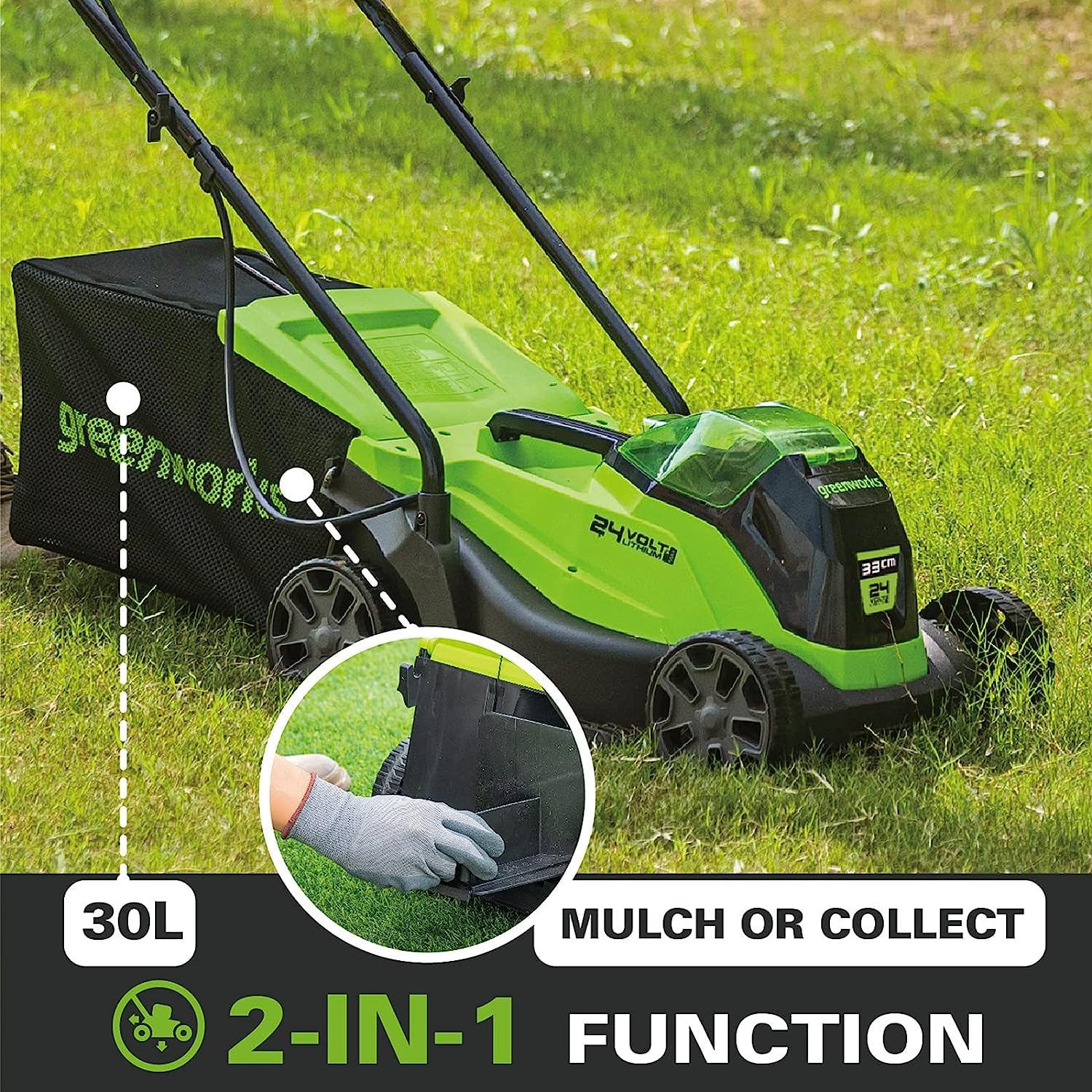 CORTACÃ‰SPED 24V 33 CM GREENWORKS GD24LM33K4 - SET CARGADOR + BATERÍA 4AH - 2516107UB