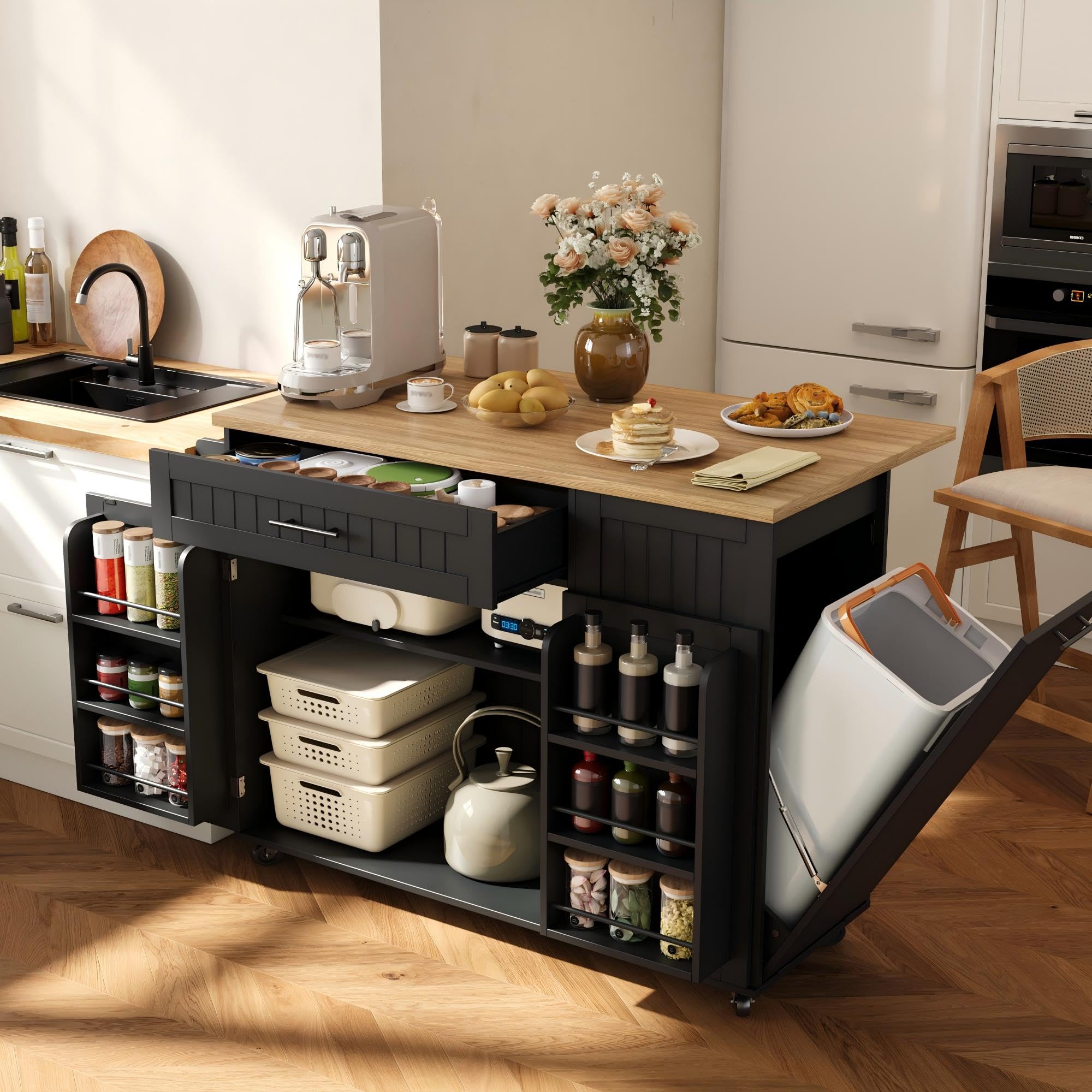 Isola mobile da cucina con piano di lavoro pieghevole, rete per rifiuti, ruote bloccabili, 130 × 45 (70) × 93 cm, nero – perfetto per cucinare e nization