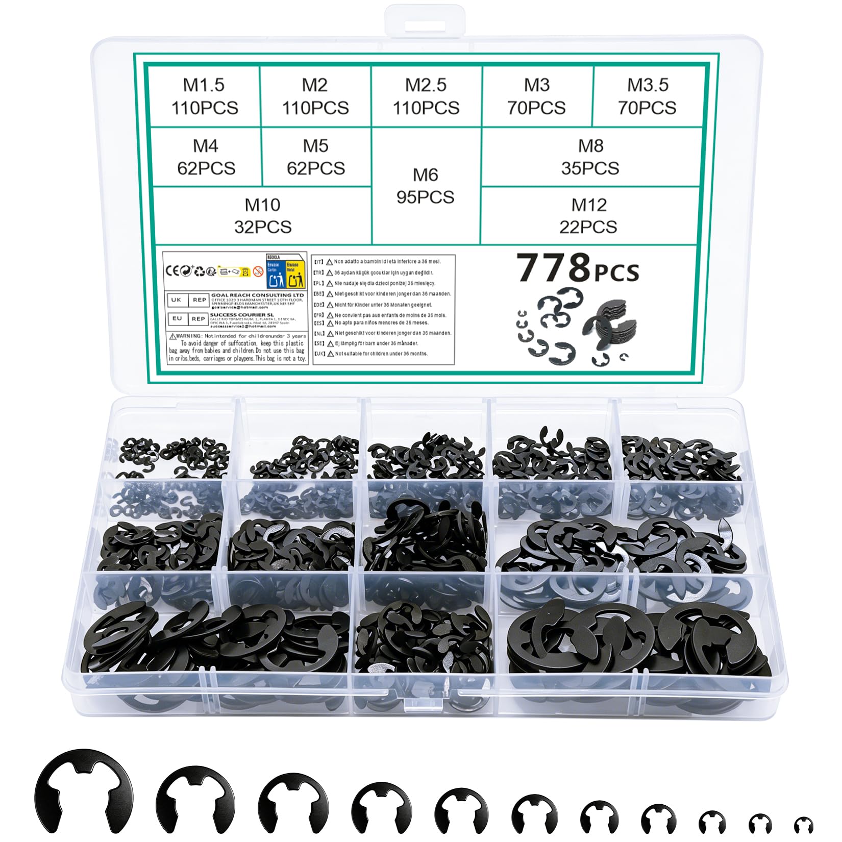 778 Pcs Circlips Assorted Sizes, Black E Clips