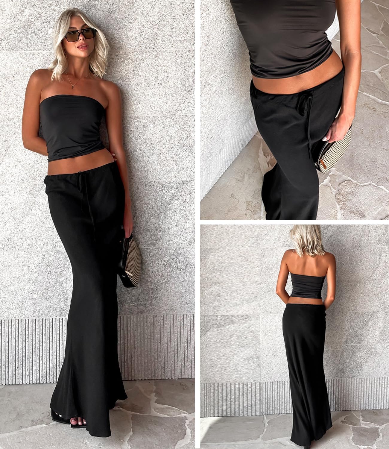 Womens Satin Silk Maxi Skirts Drawstring Flared Casual A-Line Long Skirt for Women - Image 4