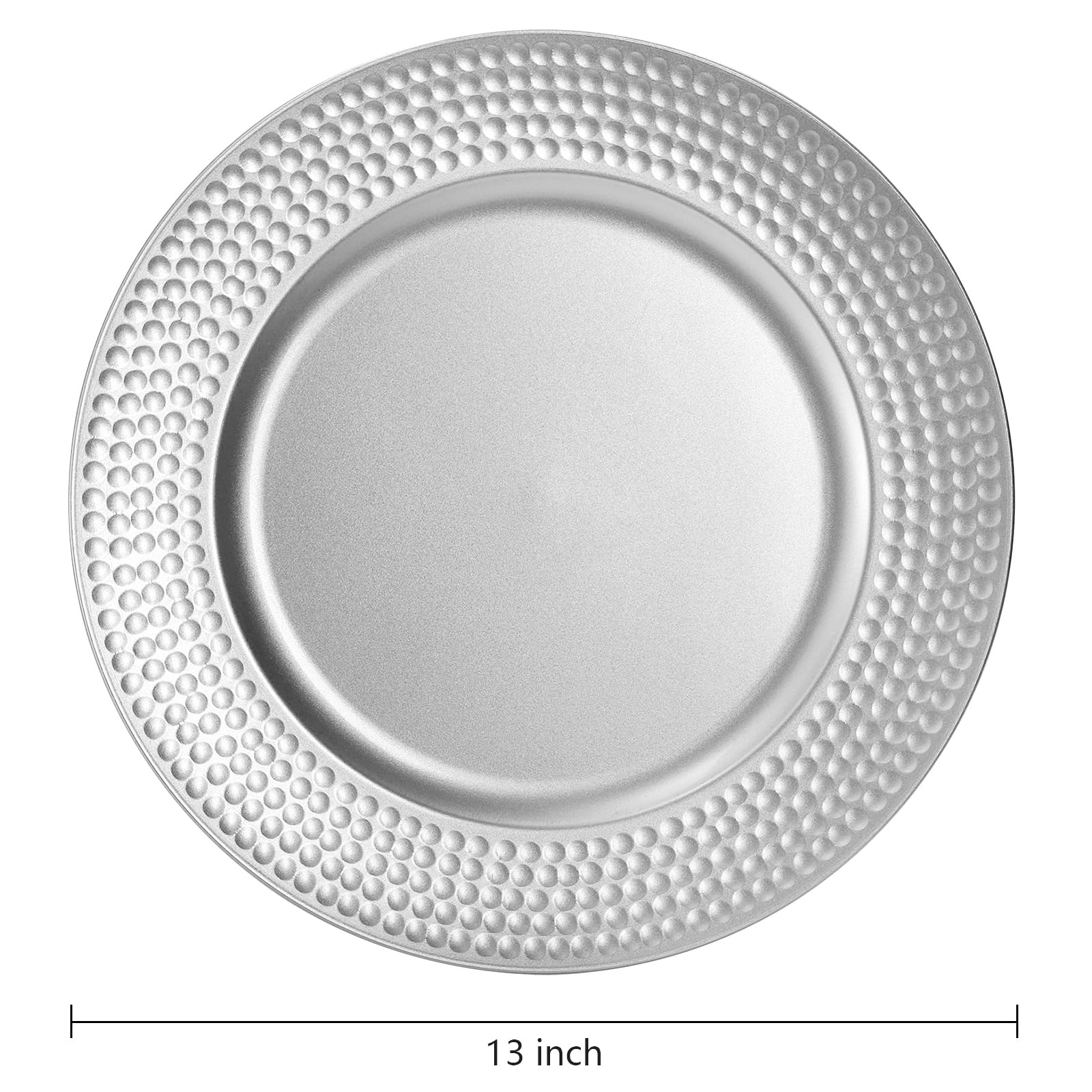 Nicunom Silver Charger Plates Set of 12, Round Charger Plates with Hammered Rim, 13 Inch Plastic Charger Plate for Wedding Dinner Party Event Decoration