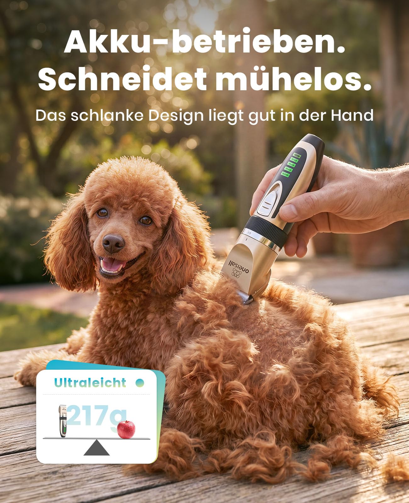 oneisall Leise Hundeschermaschine, 2000mAH 4h Laufzeit Schermaschine Katze Hunde dichtem Fell, Hunde Haarschneidemaschine Tierhaarschneidemaschine Hunderasierer Langhaar(Gold)