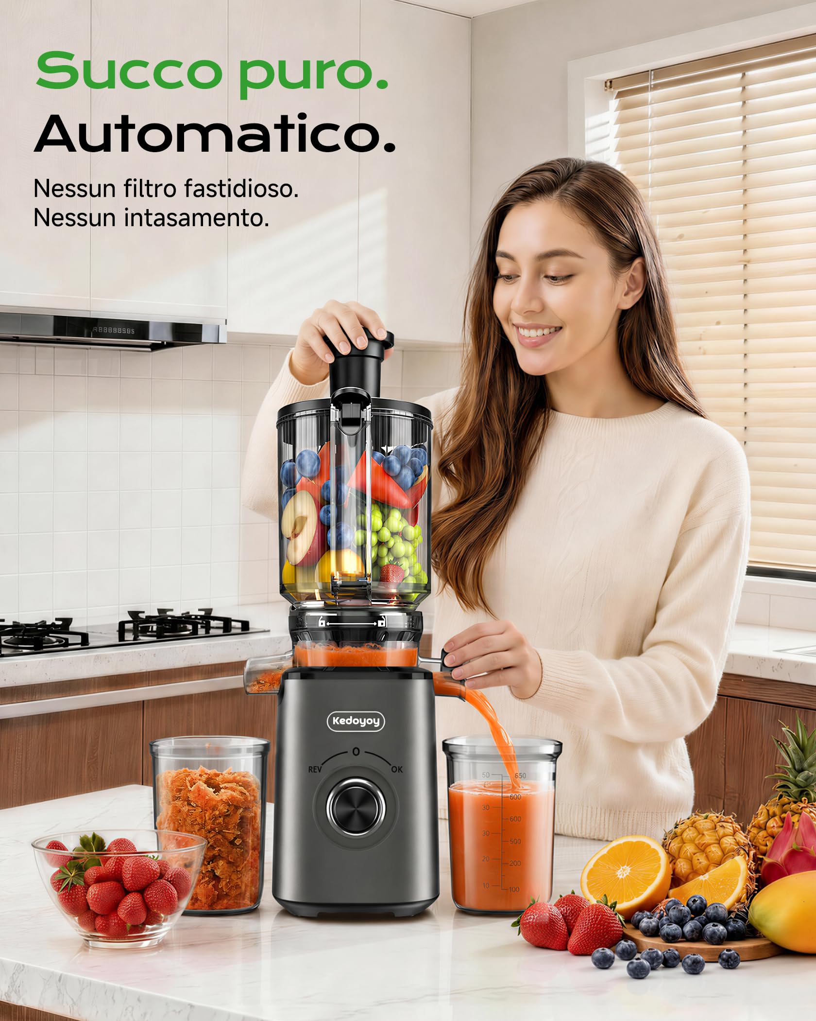 Estrattore di succo per verdure e frutta, 130 mm XL | 1,8L Slow Juicer, 600 ml contenitore, per famiglie, senza BPA, facile da pulire, grigio