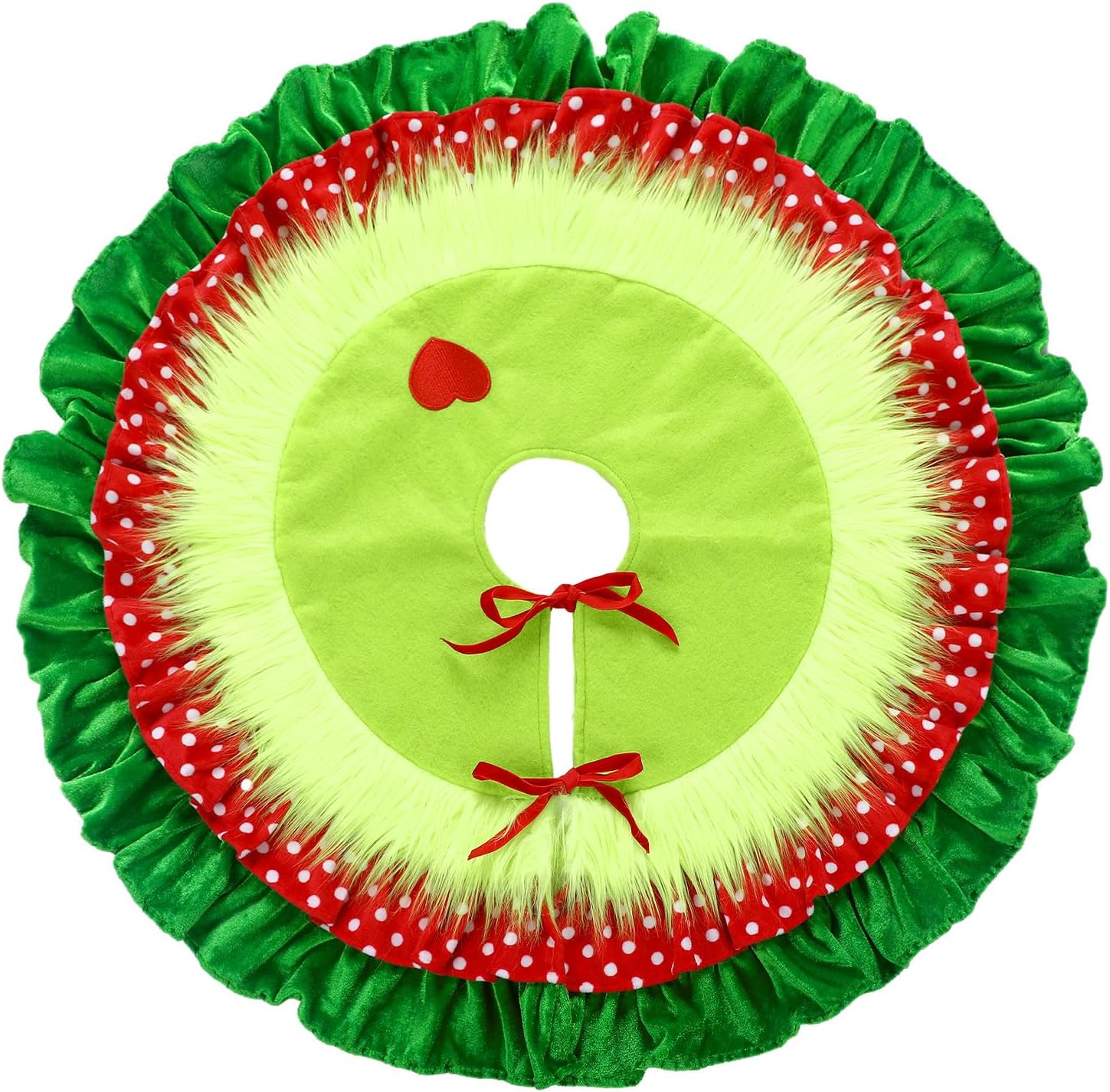 Gemscream 30 Inches Green Christmas Tree Skirt Xmas Decorations with Red Heart Patch for Tree Mat Collar with Red Green Trim for Christmas Party Indoor Outdoor Holiday Party Decor