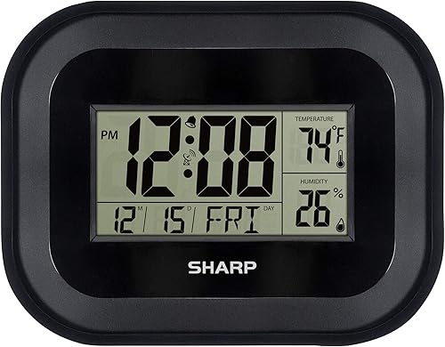 Sharp Reloj de pared digital, reloj de escritorio atómico con temperatura, humedad y fecha, funciona con pilas, pantalla grande, acabado de grano de