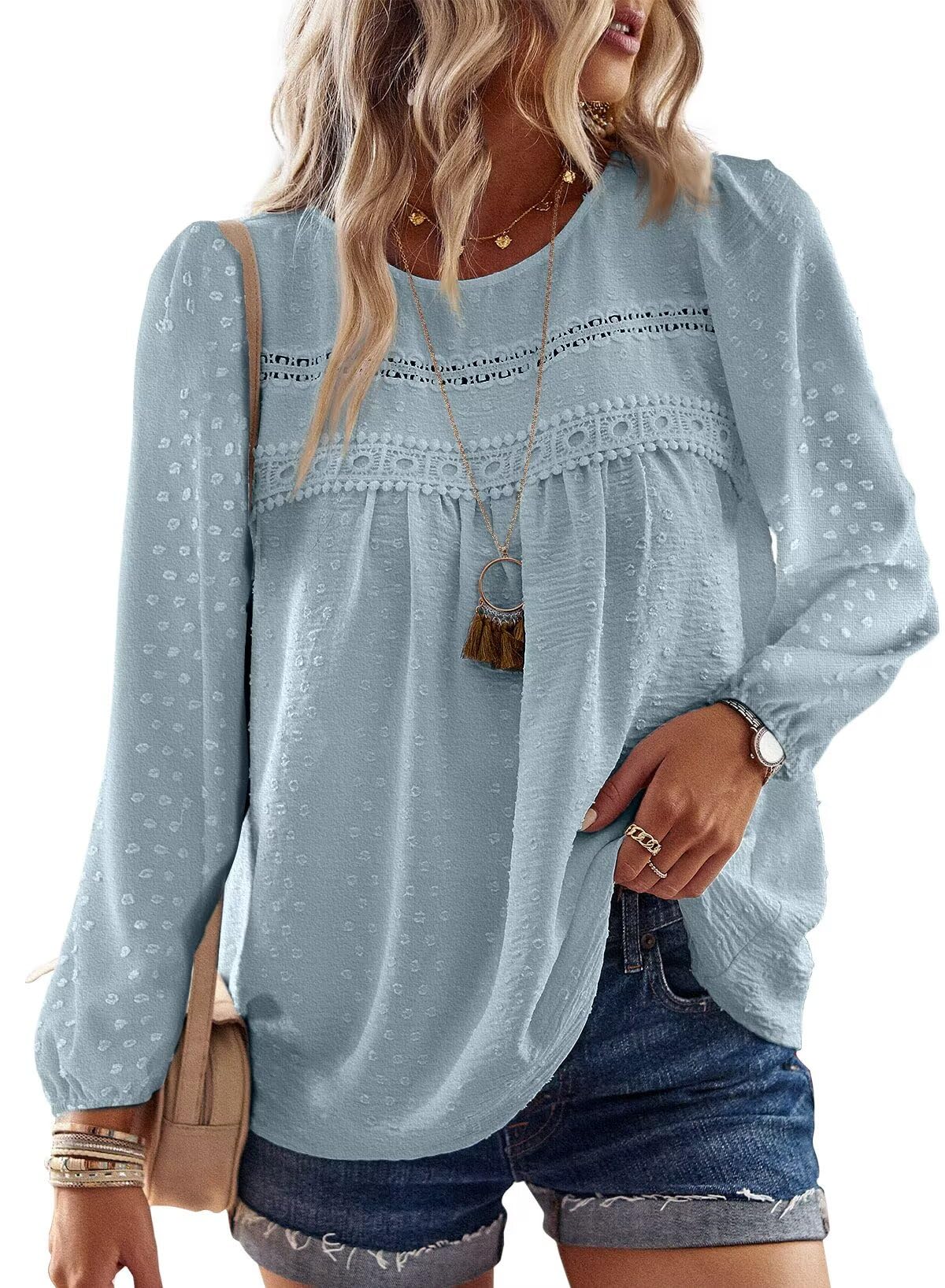 Falechay Womens Fall Tops Crewneck Long Sleeve Shirts Casual Chiffon Blouses Flowy Lace Hem Boho Clothing Trendy 2025