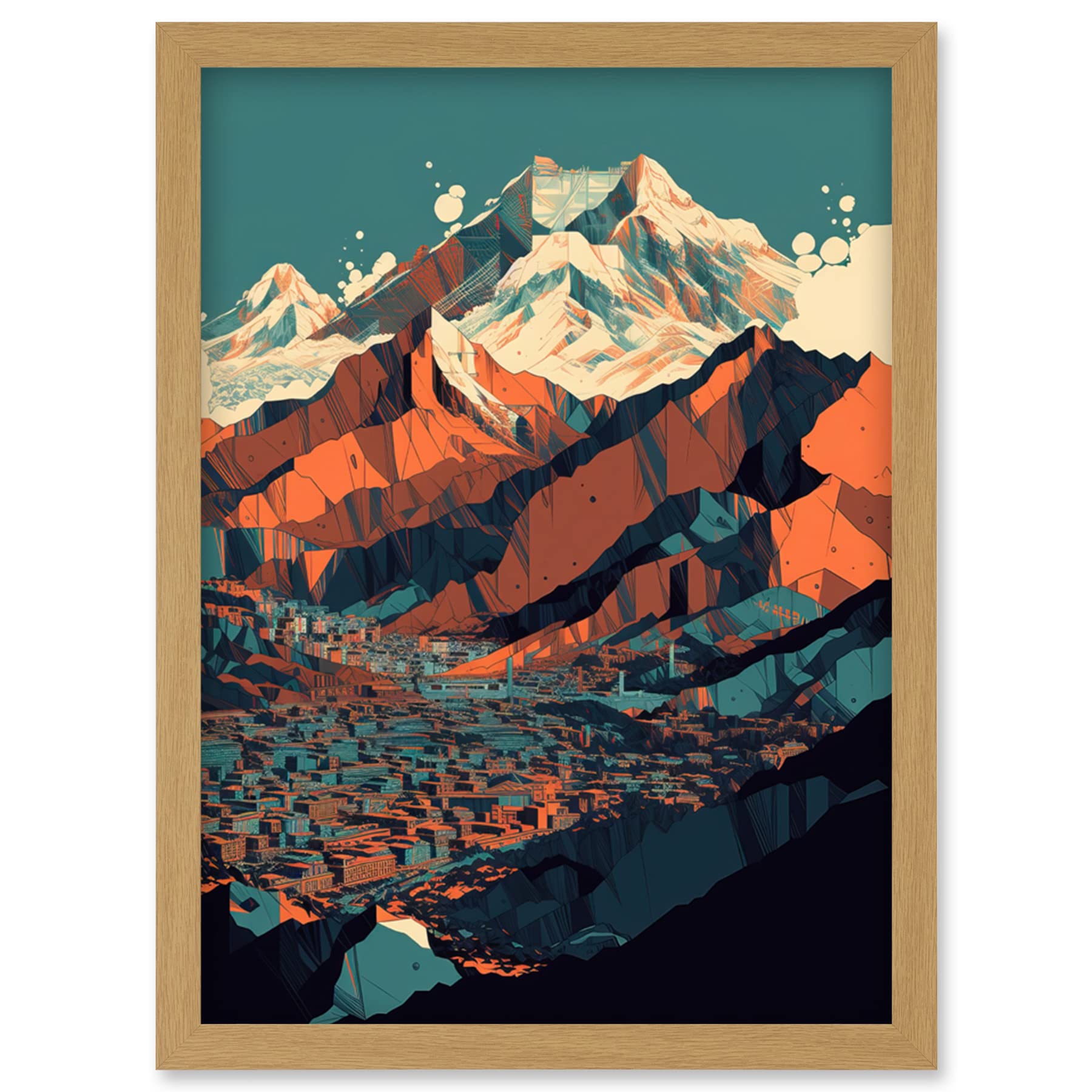 Artery8 Modern City Surrounded by Tall Mountains Landscape Artwork Framed Wall Art Print A4