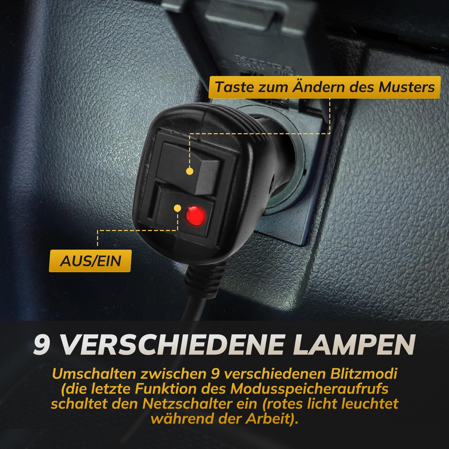 16 Zoll LED-Notwarnlicht Warnleuchte - Gelbes Stärke Blinklicht - LED Stroboskop-Lichtleiste Bernstein Gelb für Auto & LKW - 24 LEDs, 9 Blinkmodi, 4 Saugnäpfe (Orange)