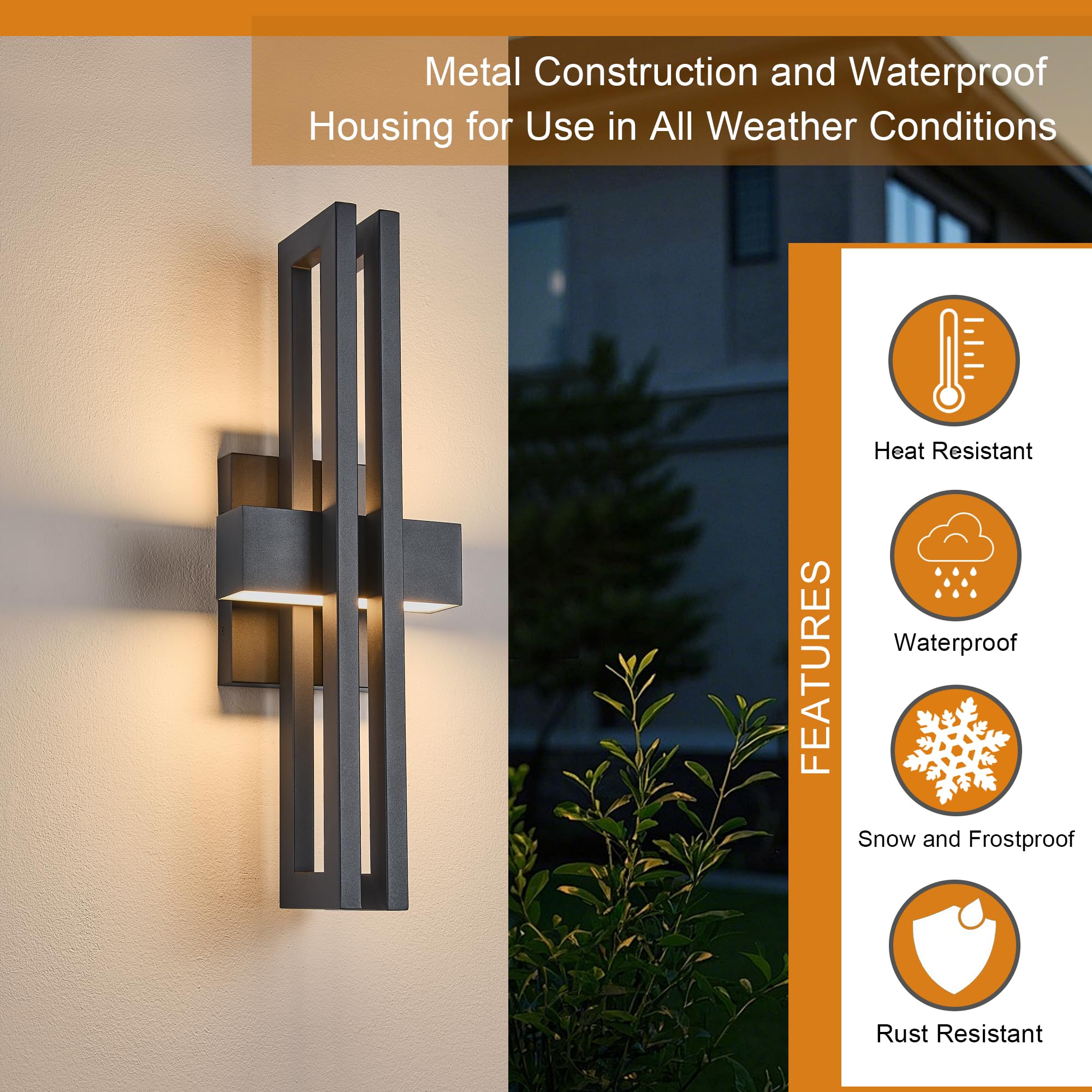 23Inch Large Modern Minimalist Outdoor Wall Light IP65 Waterproof 3000K Warm White 2x15W Integrated LED Textured Black Finish — view 9